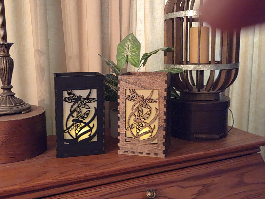 Dragonfly Tea Light Lantern: Basswood Candle Holder, Black or Chestnut Finish