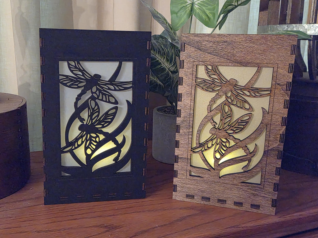 Dragonfly Tea Light Lantern: Basswood Candle Holder, Black or Chestnut Finish