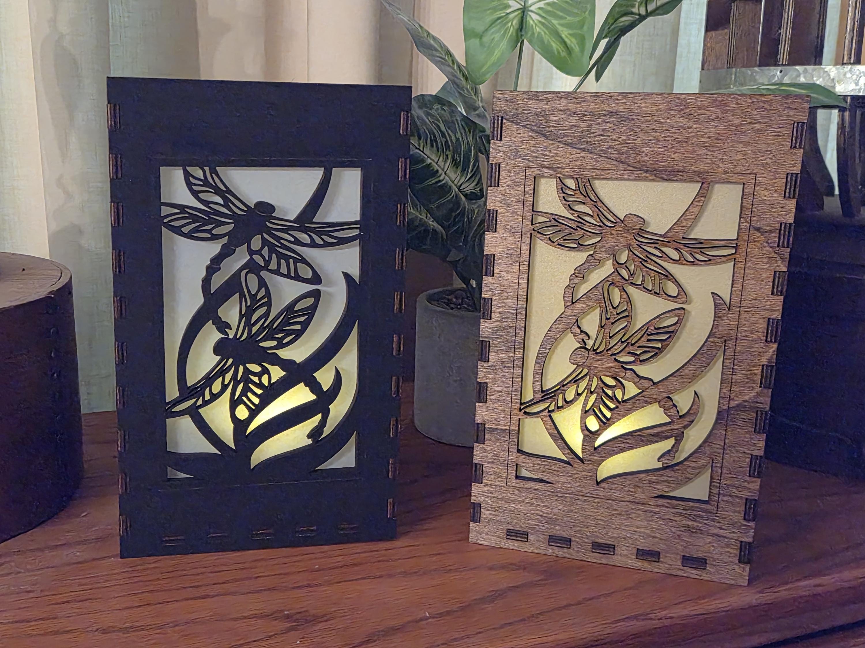 Dragonfly Tea Light Lantern: Basswood Candle Holder, Black or Chestnut Finish