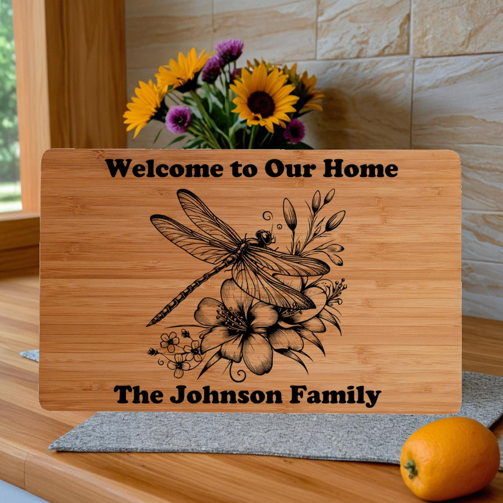 Custom Cutting Board with Dragonfly and  Flowers. Personalized Cutting Board. Perfect Birthday, Anniversary or Housewarming Gift.