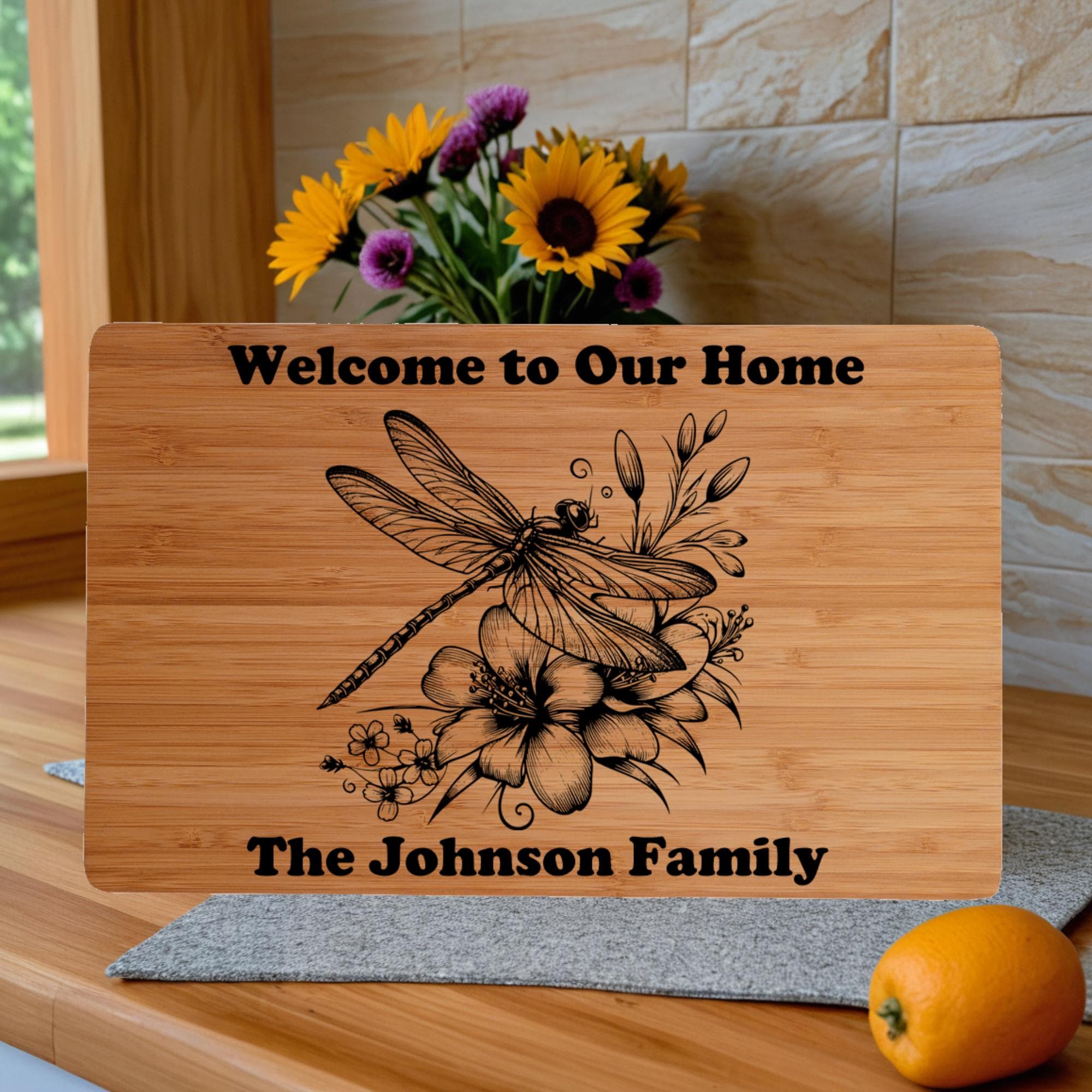 Custom Cutting Board with Dragonfly and  Flowers. Personalized Cutting Board. Perfect Birthday, Anniversary or Housewarming Gift.