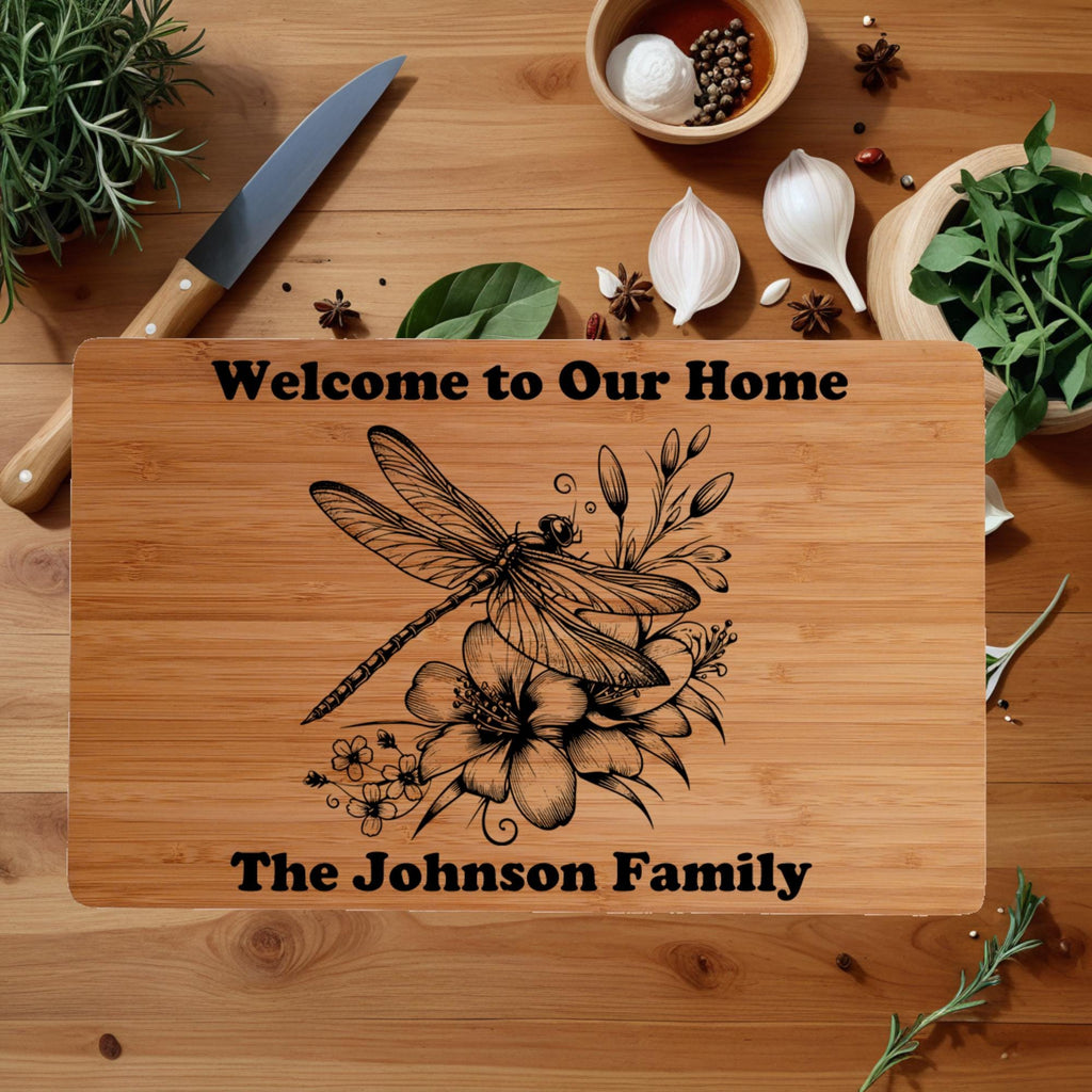 Custom Cutting Board with Dragonfly and  Flowers. Personalized Cutting Board. Perfect Birthday, Anniversary or Housewarming Gift.