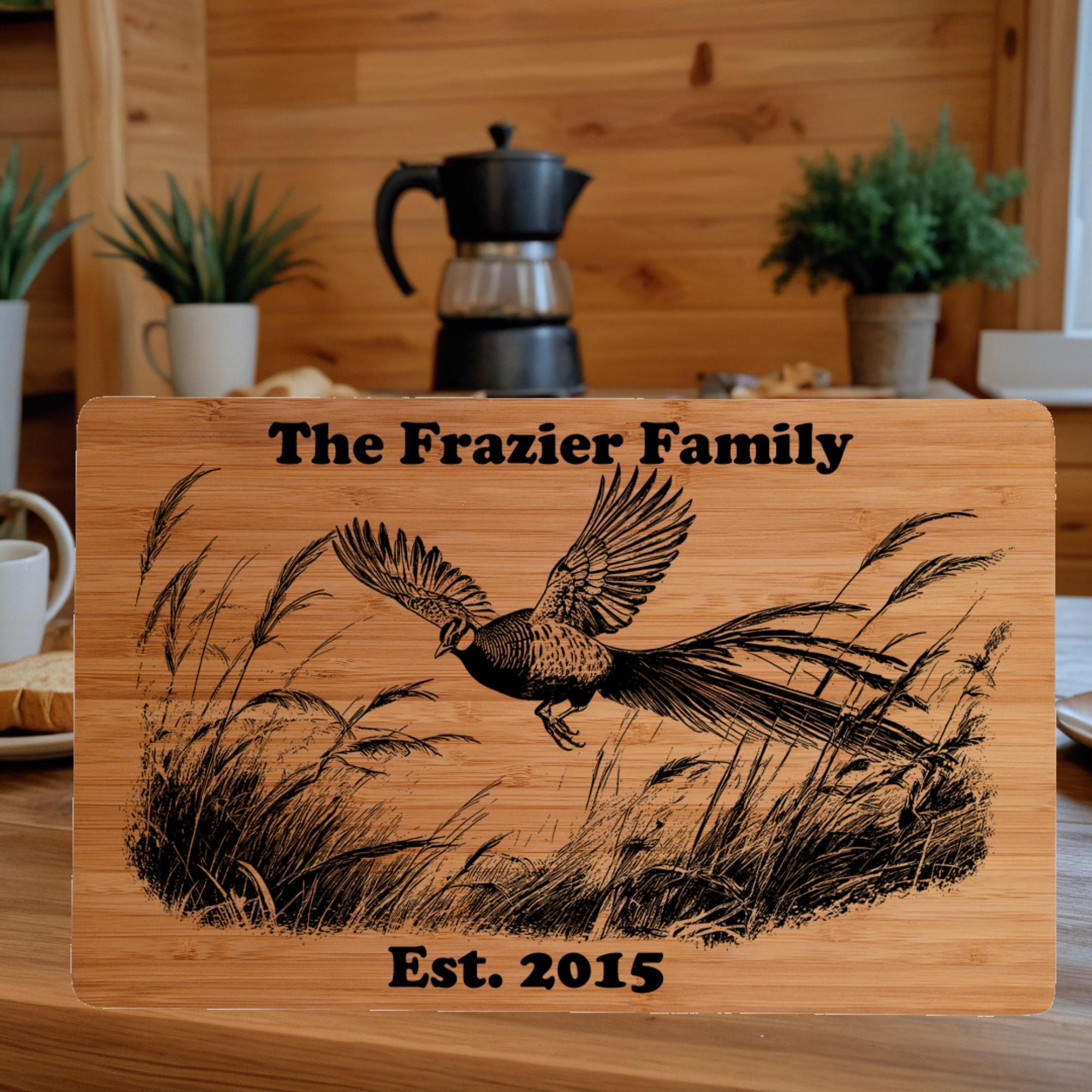 Custom Cutting Board with Pheasant Engraving. Personalized Cutting Board. Great Birthday, Anniversary or Housewarming Gift.