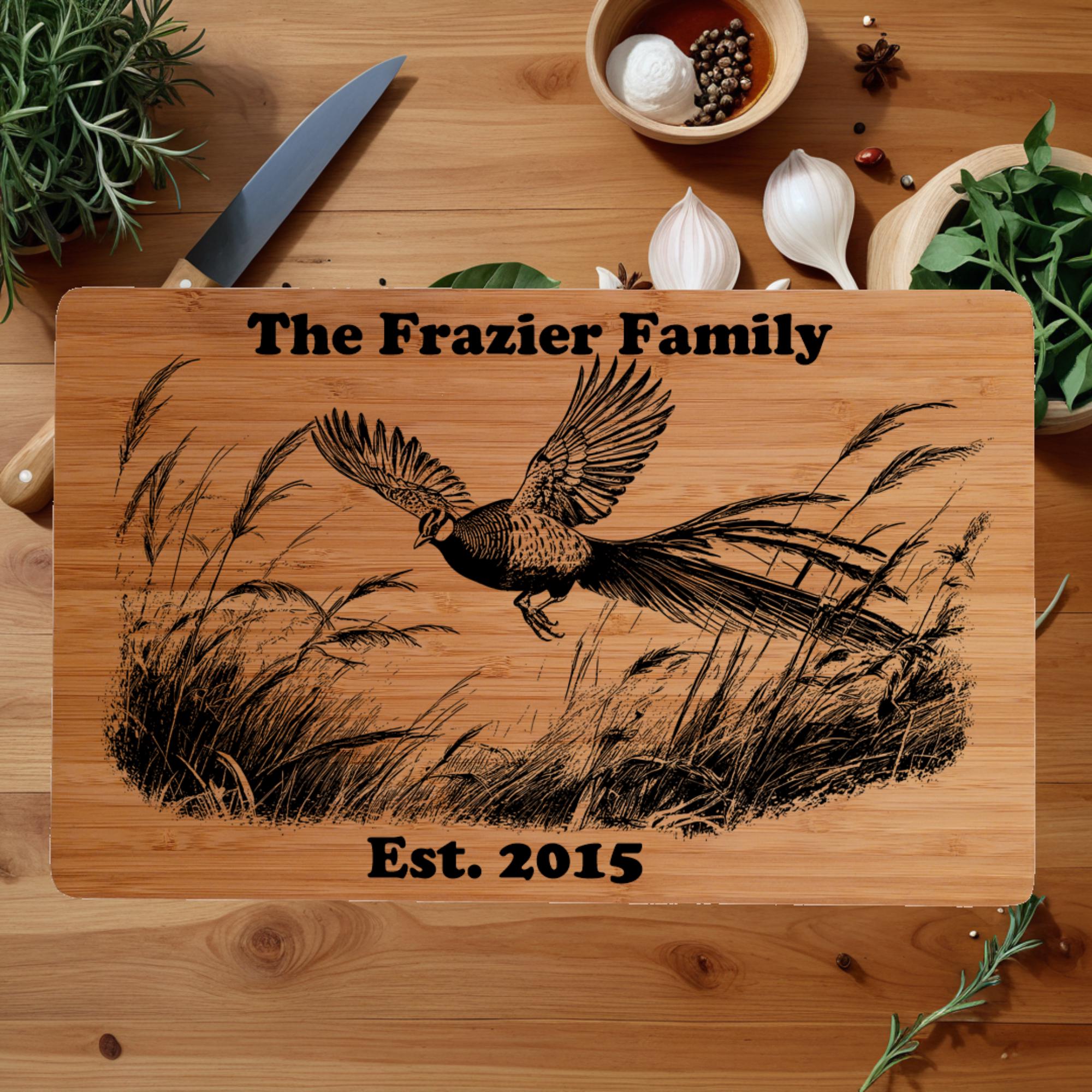 Custom Cutting Board with Pheasant Engraving. Personalized Cutting Board. Great Birthday, Anniversary or Housewarming Gift.