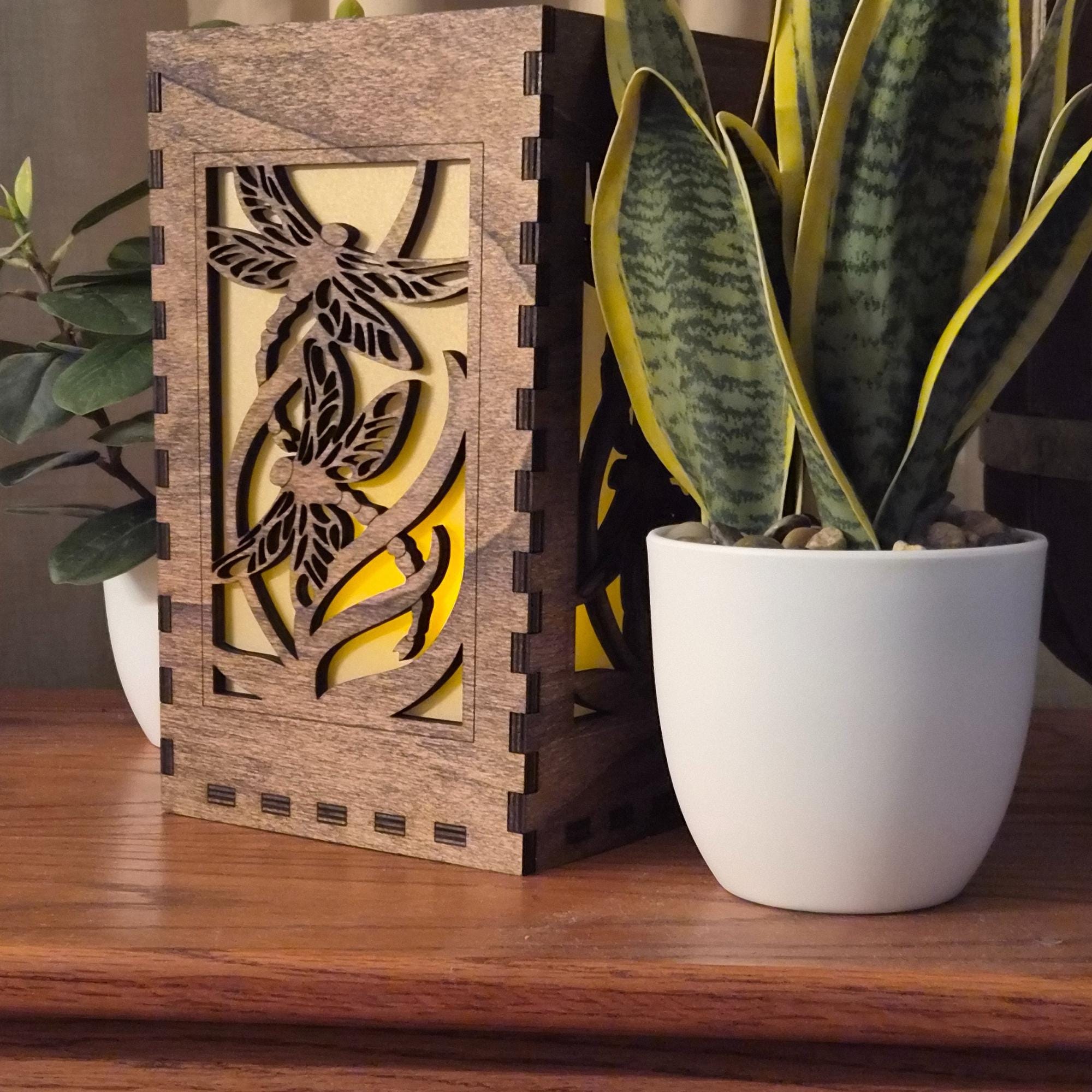 Dragonfly Tea Light Lantern: Basswood Candle Holder, Black or Chestnut Finish