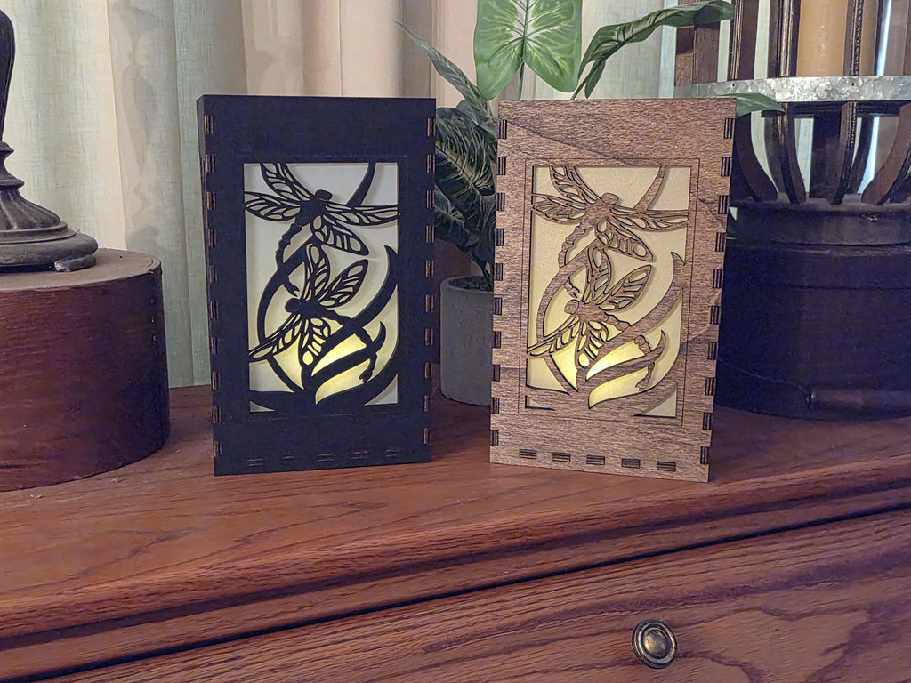 Dragonfly Tea Light Lantern: Basswood Candle Holder, Black or Chestnut Finish