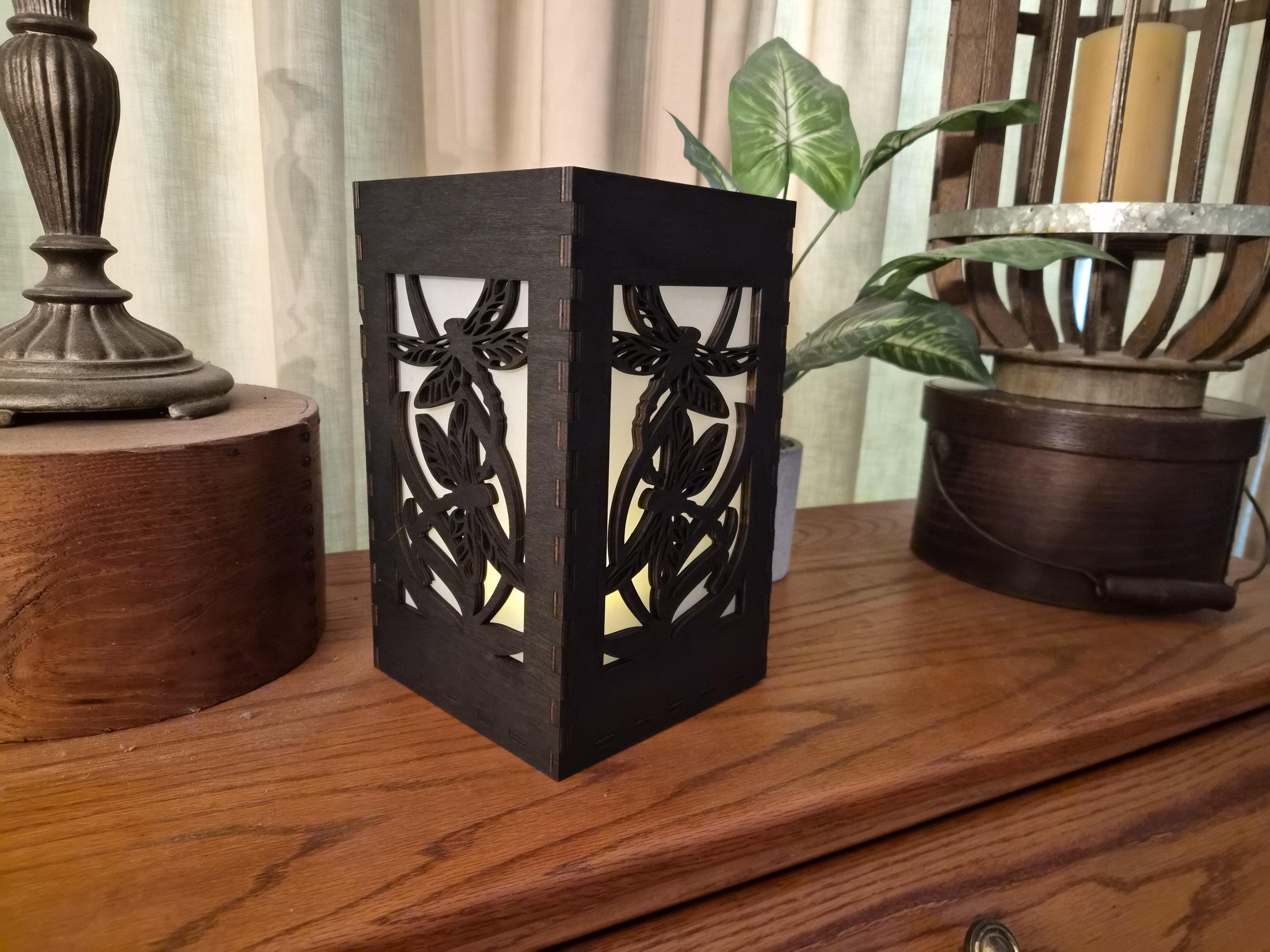 Dragonfly Tea Light Lantern: Basswood Candle Holder, Black or Chestnut Finish