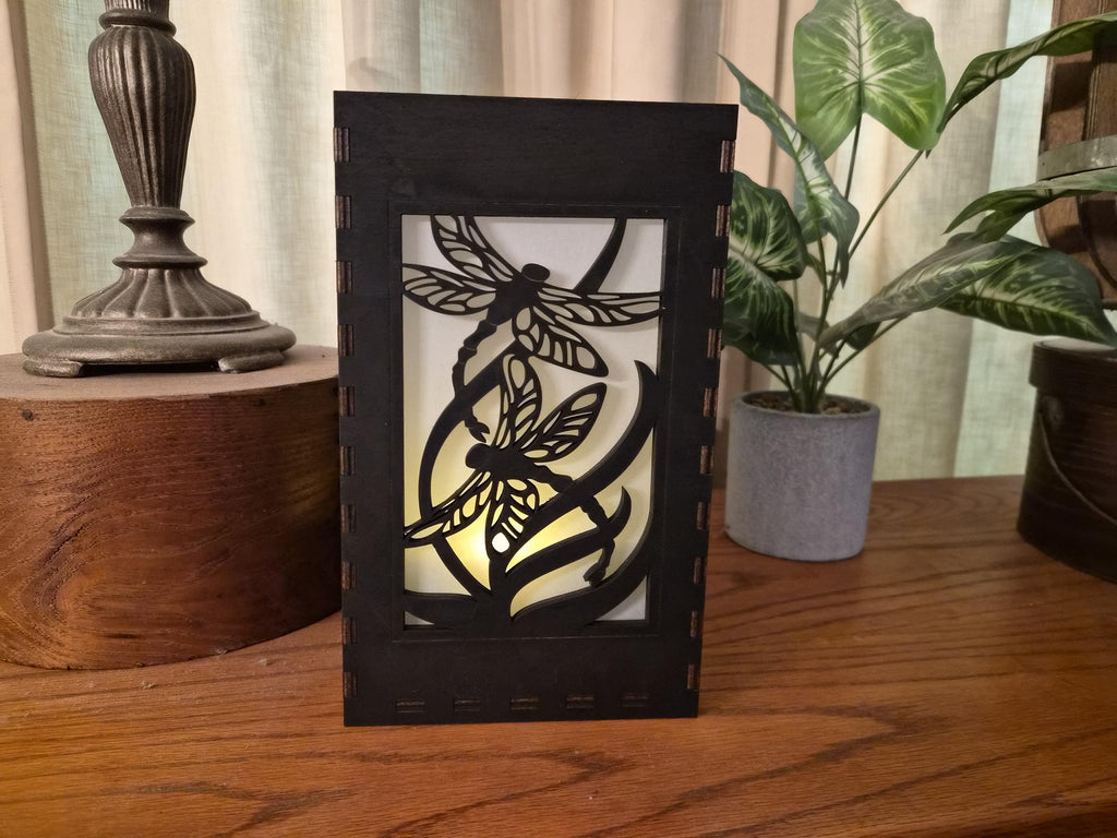 Dragonfly Tea Light Lantern: Basswood Candle Holder, Black or Chestnut Finish