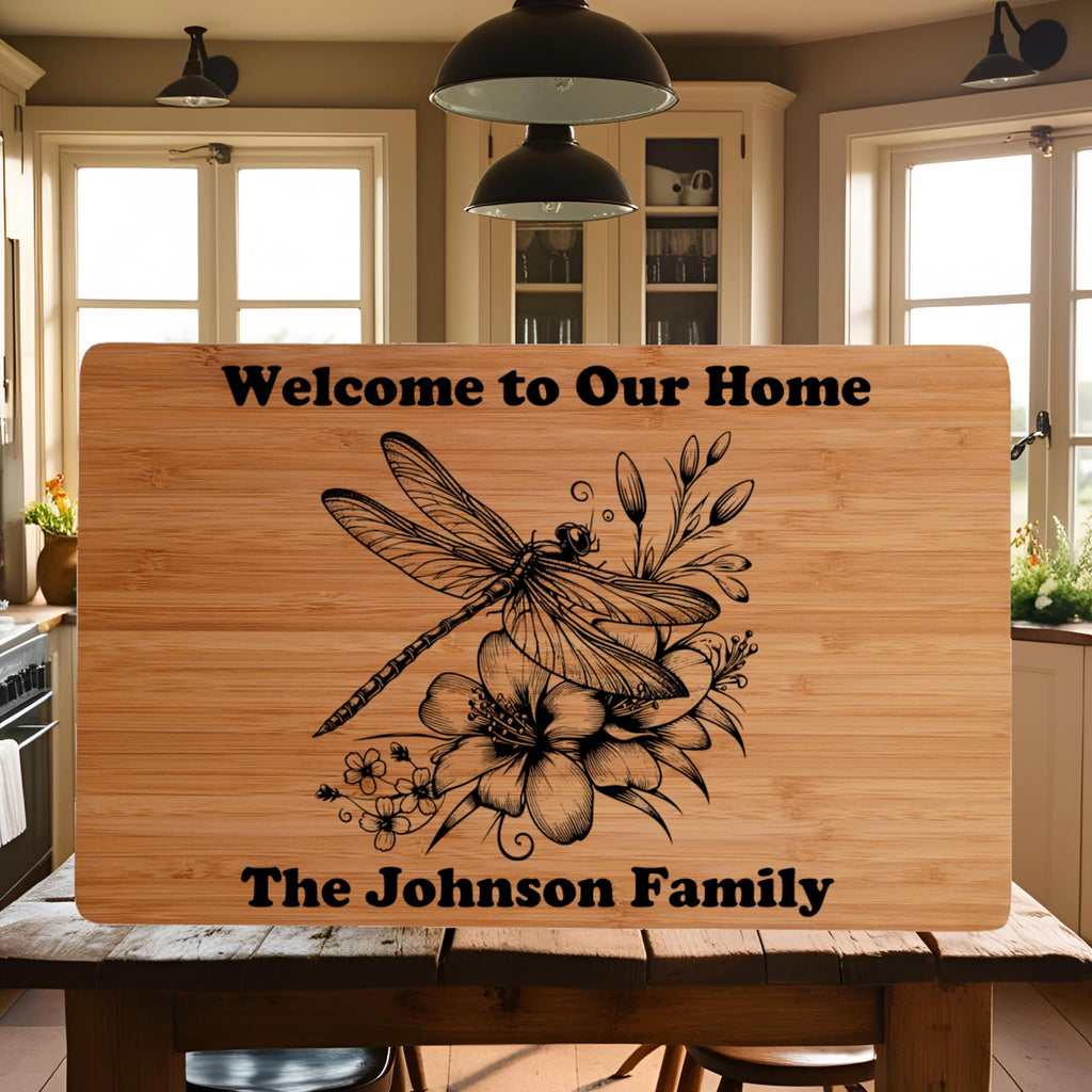 Custom Cutting Board with Dragonfly and  Flowers. Personalized Cutting Board. Perfect Birthday, Anniversary or Housewarming Gift.