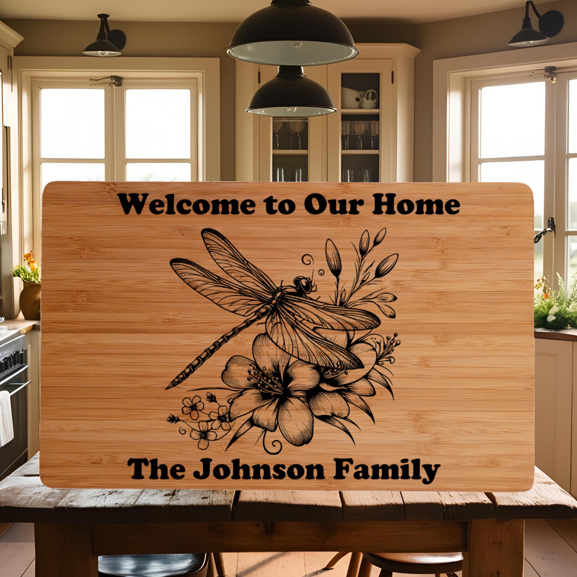 Custom Cutting Board with Dragonfly and  Flowers. Personalized Cutting Board. Perfect Birthday, Anniversary or Housewarming Gift.