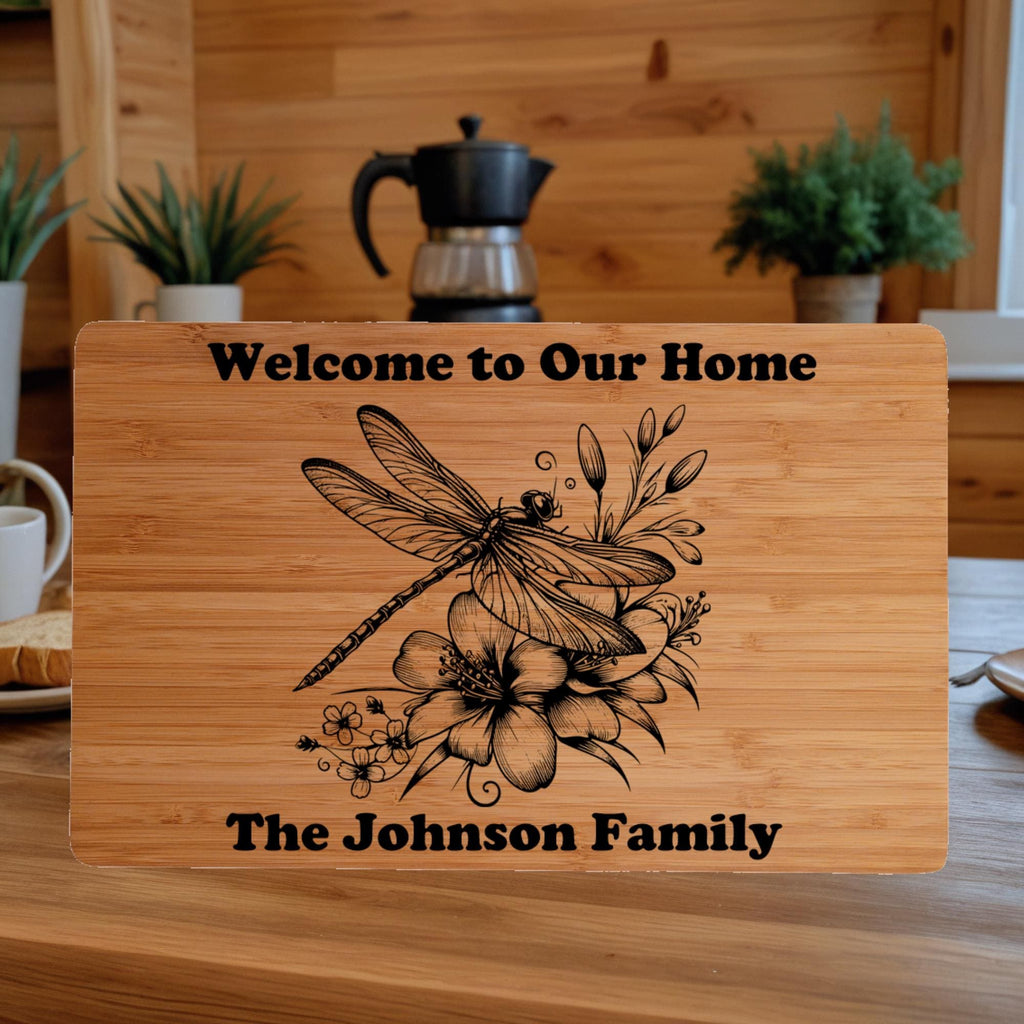 Custom Cutting Board with Dragonfly and  Flowers. Personalized Cutting Board. Perfect Birthday, Anniversary or Housewarming Gift.