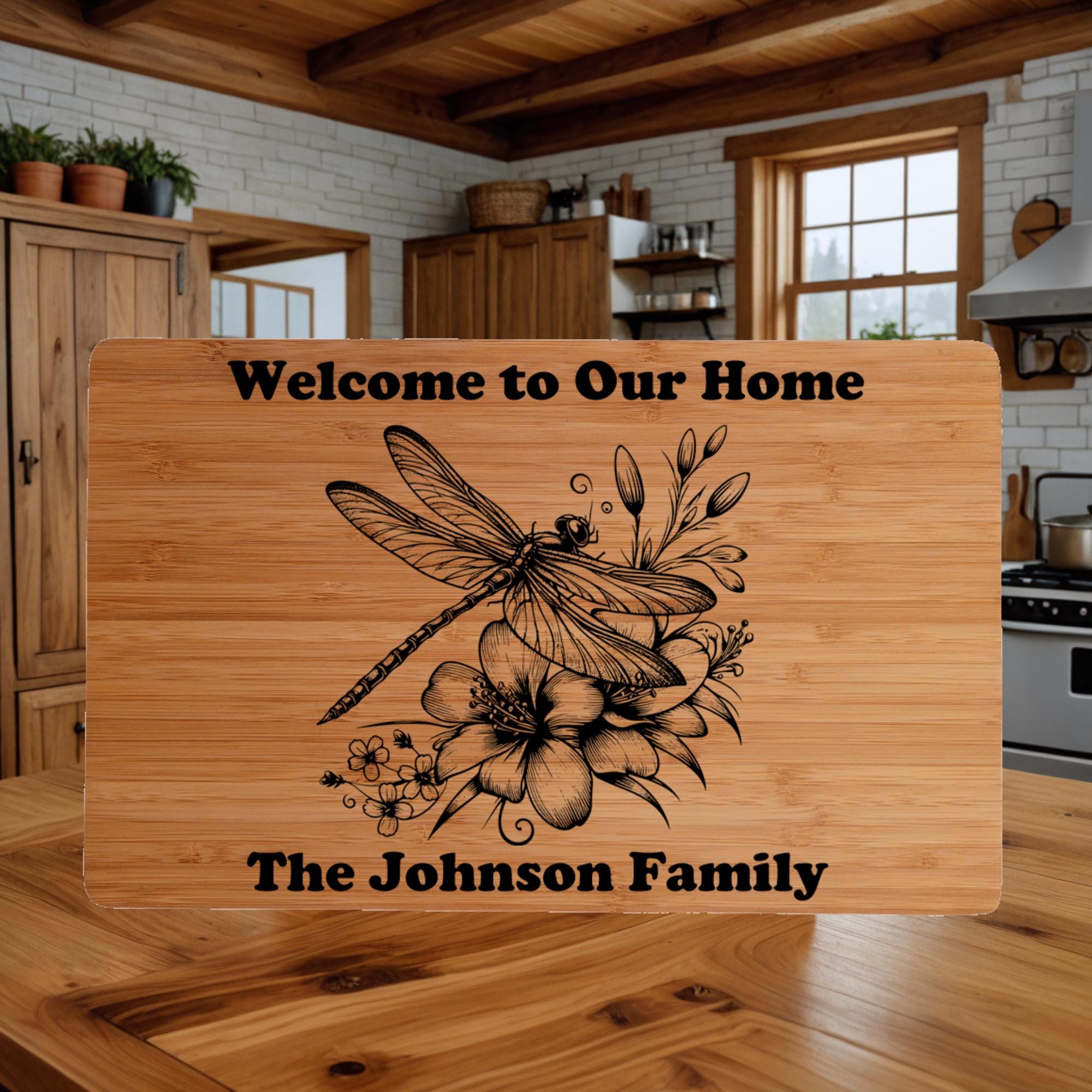 Custom Cutting Board with Dragonfly and  Flowers. Personalized Cutting Board. Perfect Birthday, Anniversary or Housewarming Gift.