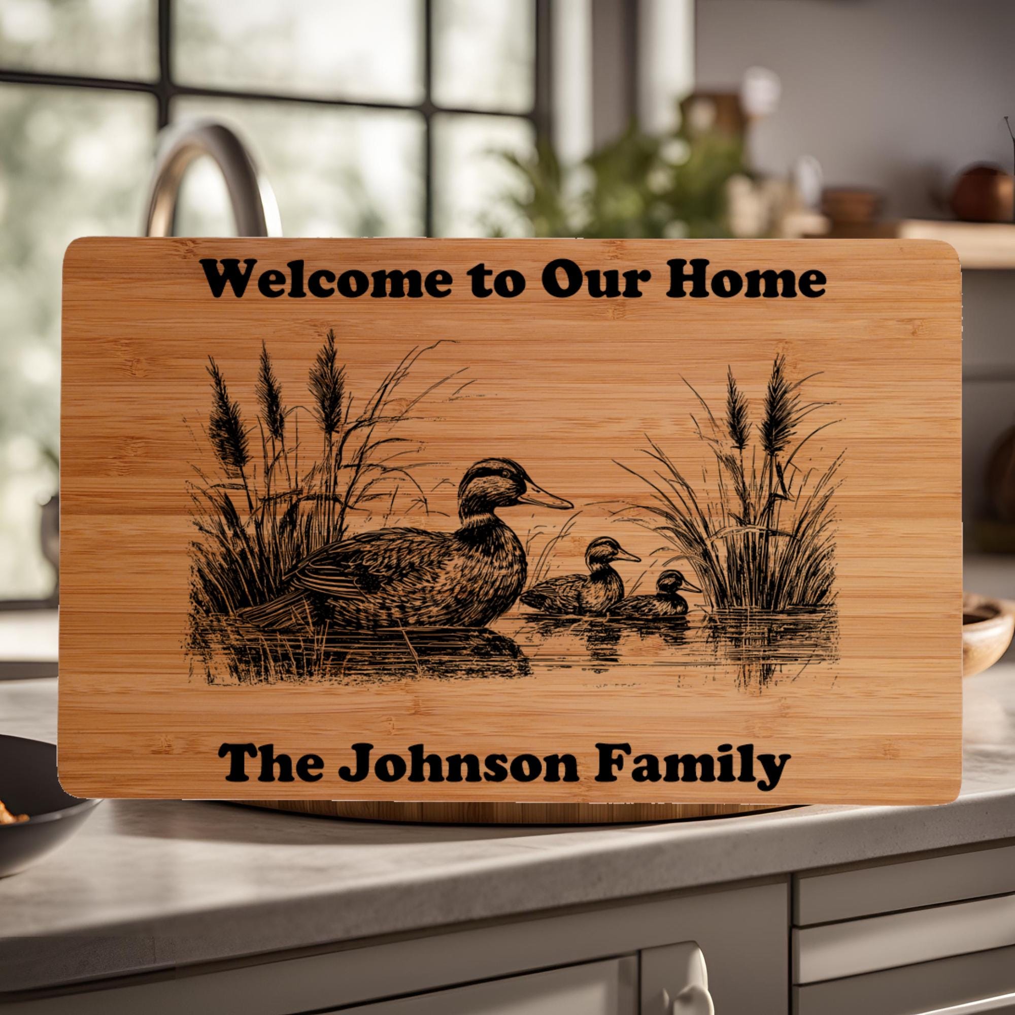 Personalized Bamboo Cutting Board: Ducks on Pond, Engraved Gift