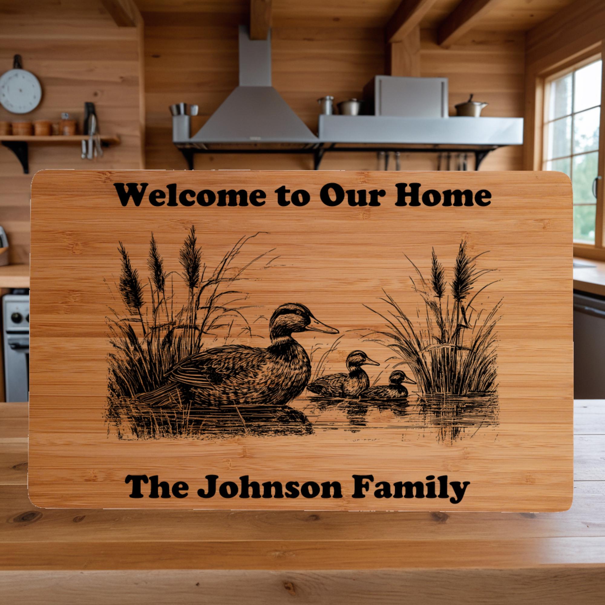 Personalized Bamboo Cutting Board: Ducks on Pond, Engraved Gift