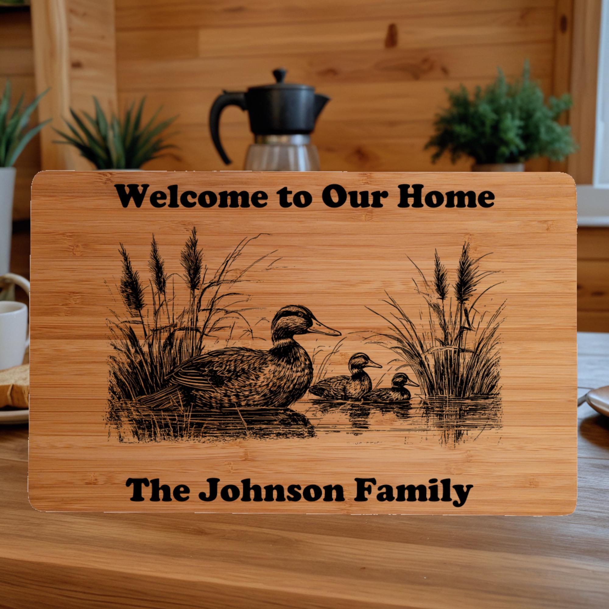 Personalized Bamboo Cutting Board: Ducks on Pond, Engraved Gift