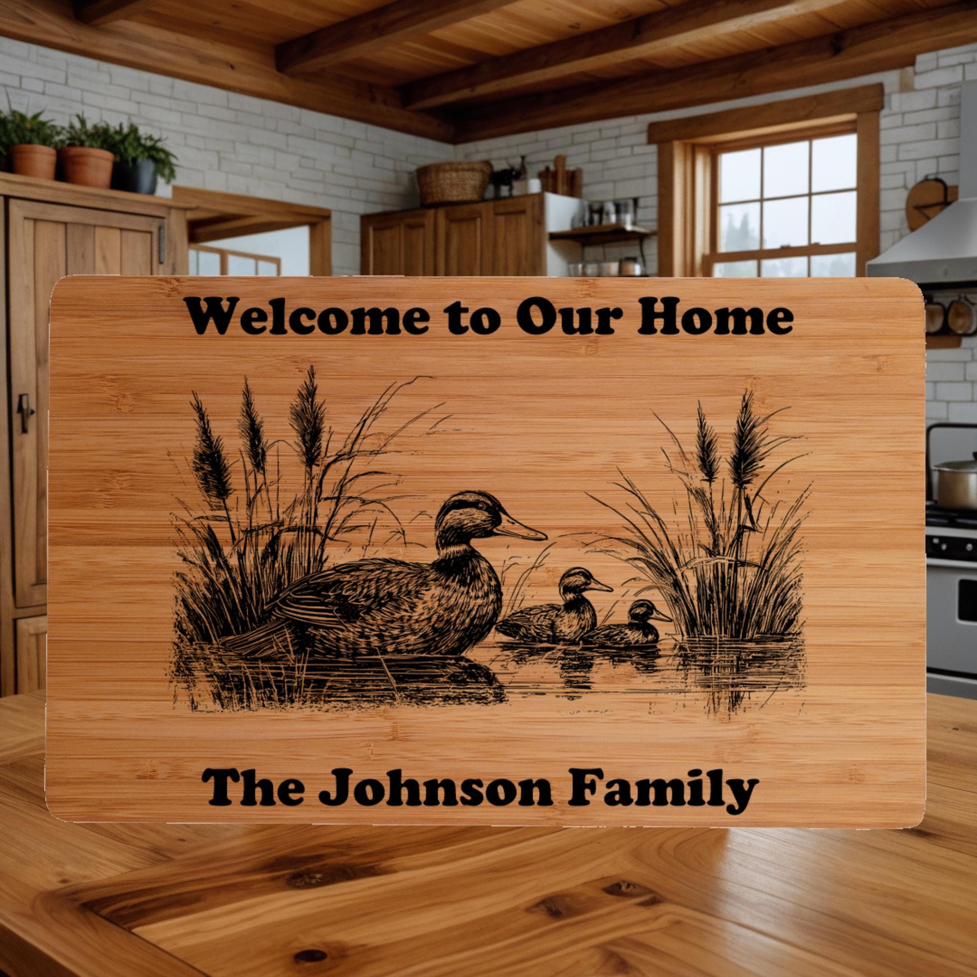 Personalized Bamboo Cutting Board: Ducks on Pond, Engraved Gift