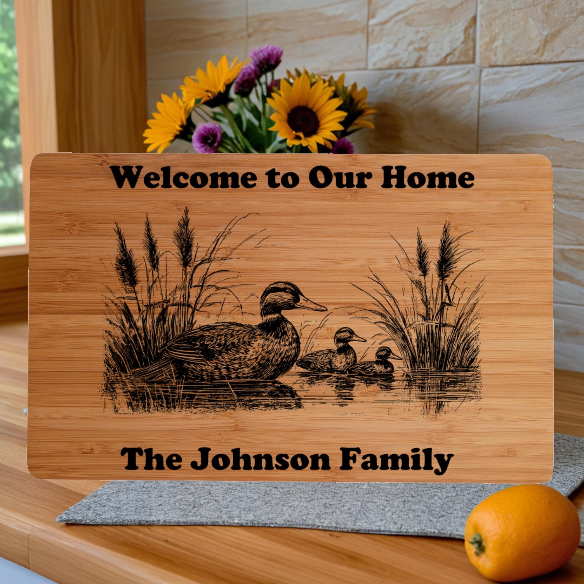 Personalized Bamboo Cutting Board: Ducks on Pond, Engraved Gift