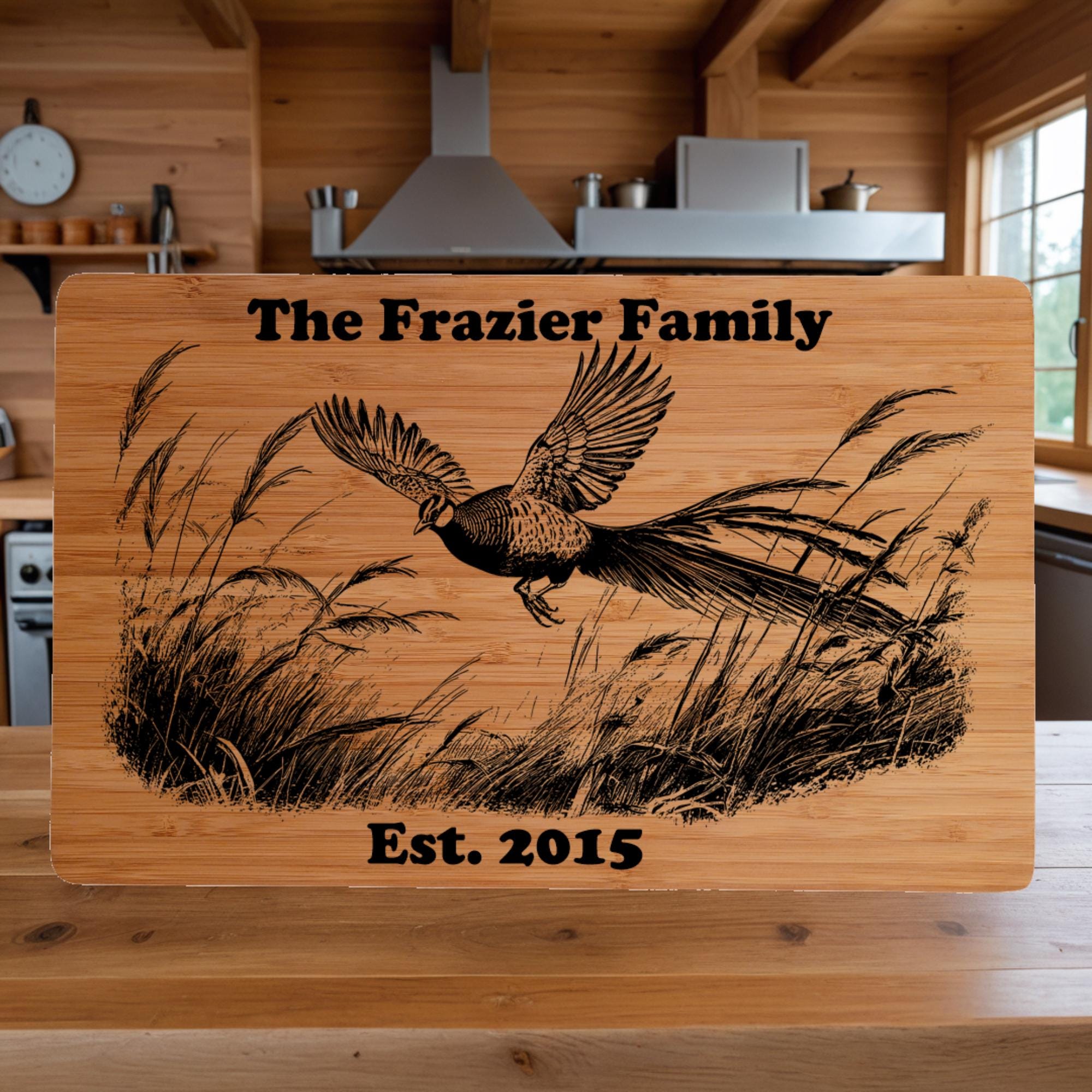 Custom Cutting Board with Pheasant Engraving. Personalized Cutting Board. Great Birthday, Anniversary or Housewarming Gift.