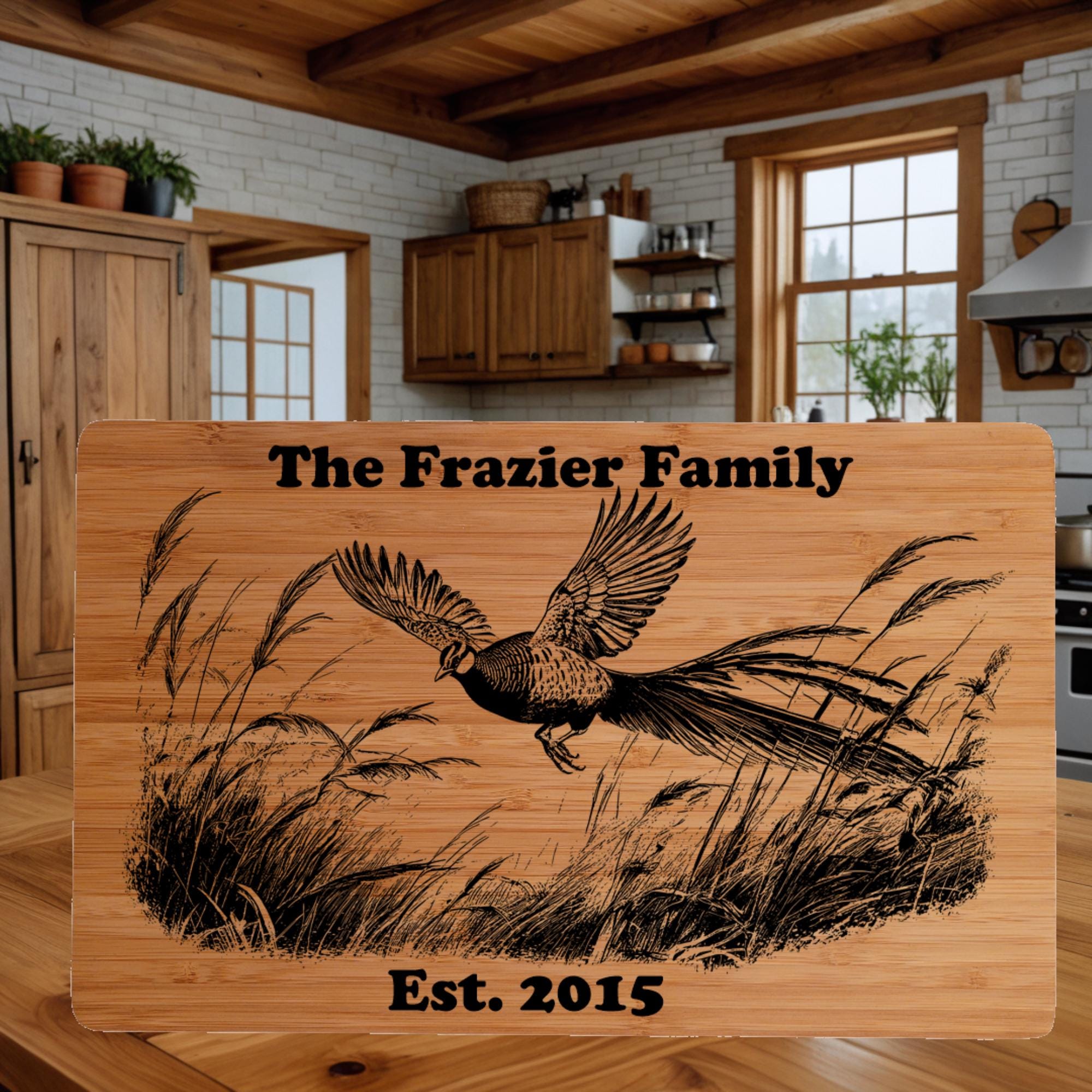 Custom Cutting Board with Pheasant Engraving. Personalized Cutting Board. Great Birthday, Anniversary or Housewarming Gift.