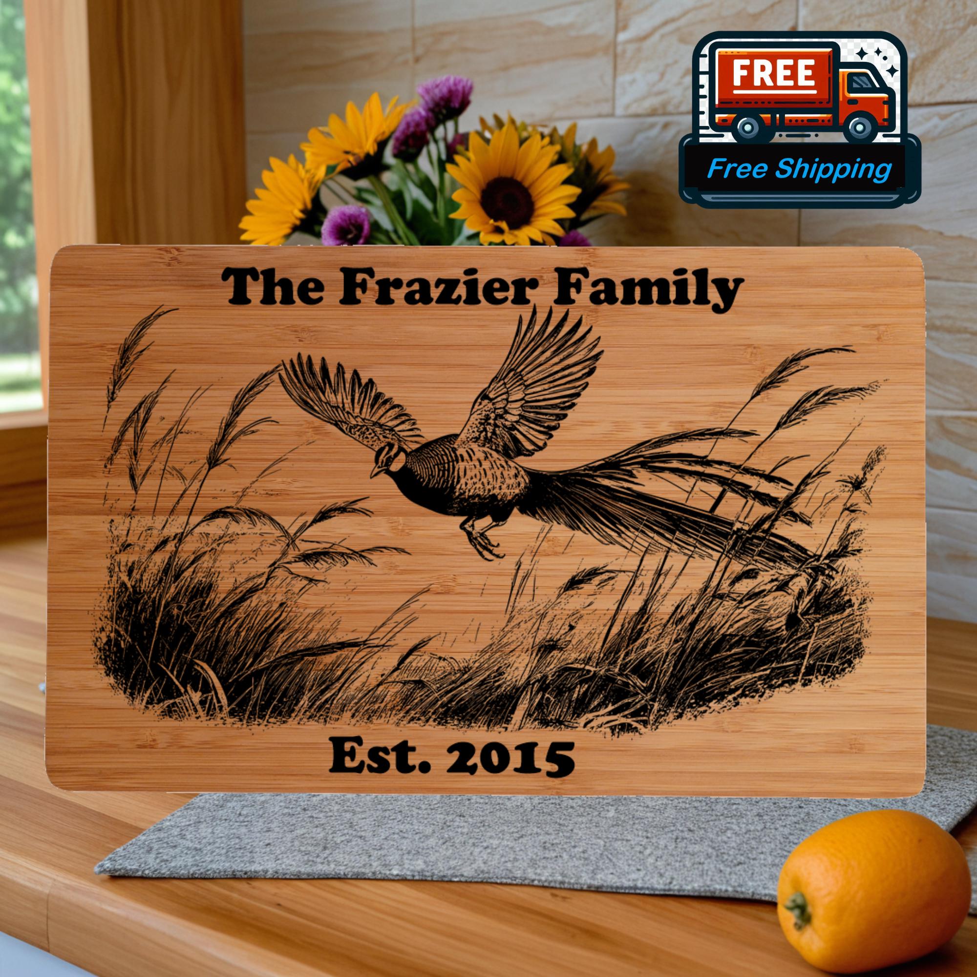 Custom Cutting Board with Pheasant Engraving. Personalized Cutting Board. Great Birthday, Anniversary or Housewarming Gift.