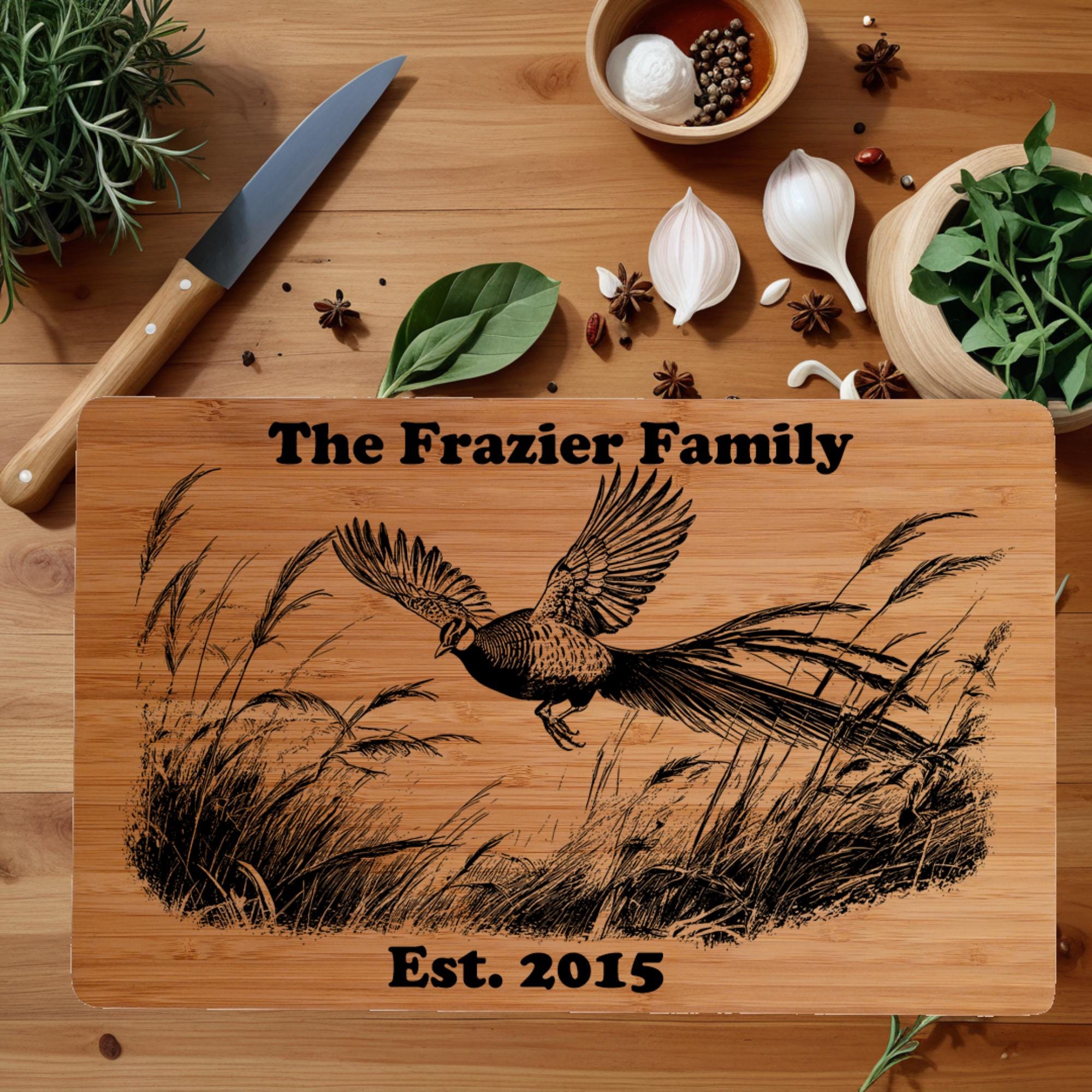 Custom Cutting Board with Pheasant Engraving. Personalized Cutting Board. Great Birthday, Anniversary or Housewarming Gift.