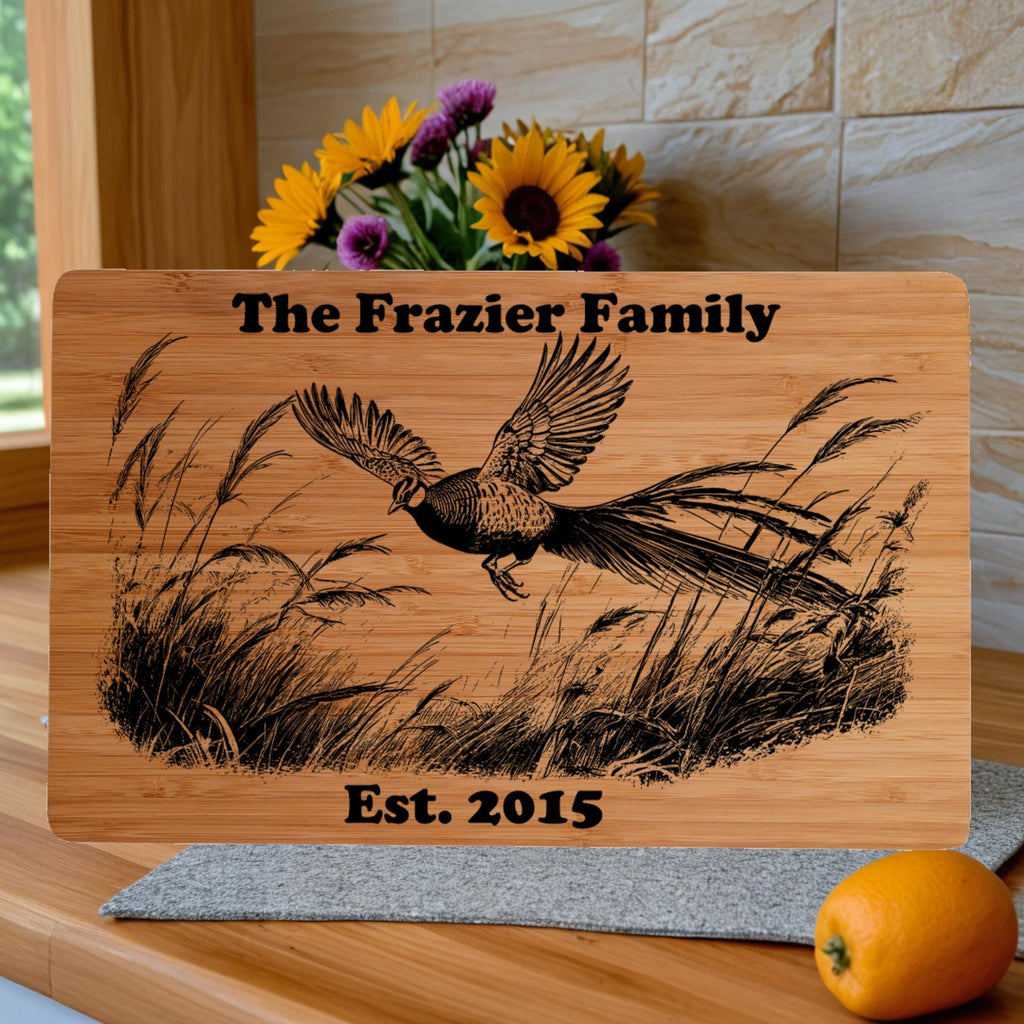 Custom Cutting Board with Pheasant Engraving. Personalized Cutting Board. Great Birthday, Anniversary or Housewarming Gift.
