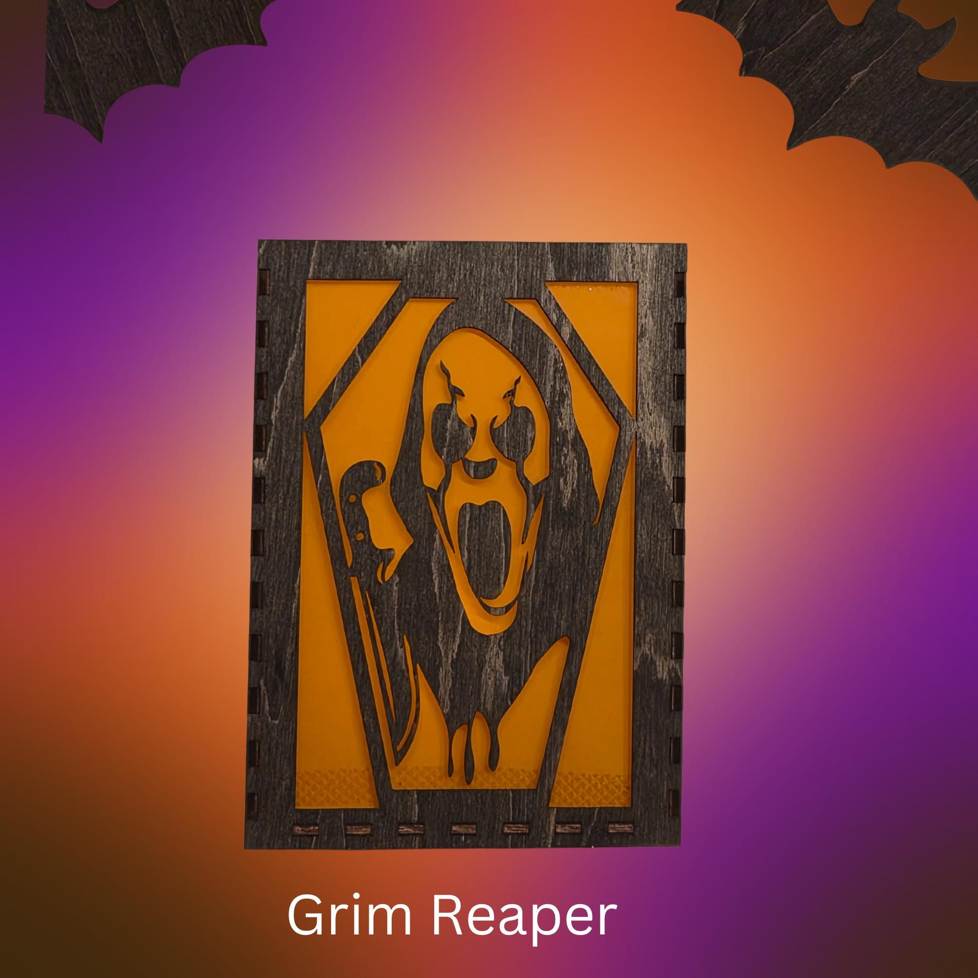 Haunted House Halloween Decorations: Laser Cut Basswood Tea Light - Grim Reaper, Raven, Skeleton, Spider