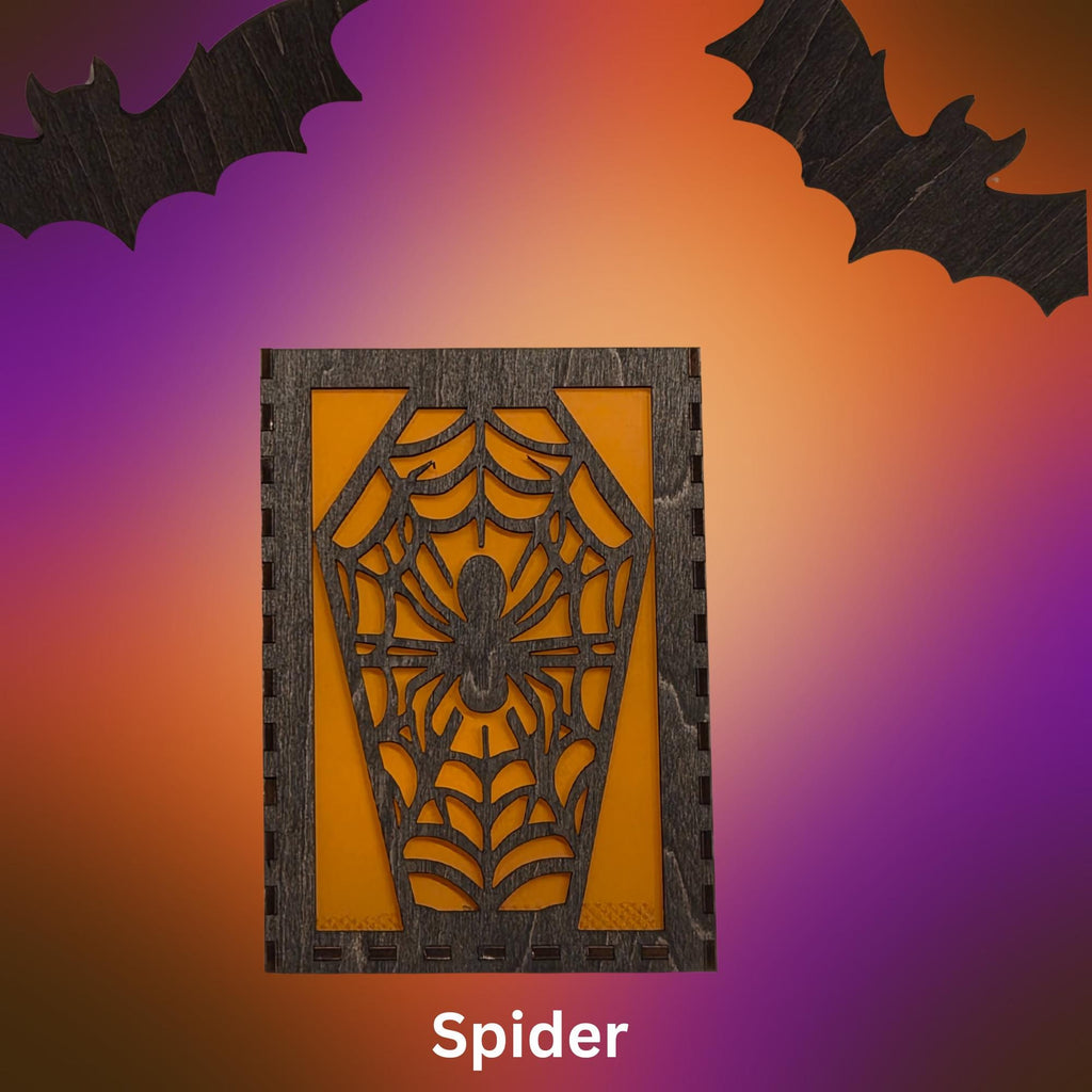 Haunted House Halloween Decorations: Laser Cut Basswood Tea Light - Grim Reaper, Raven, Skeleton, Spider