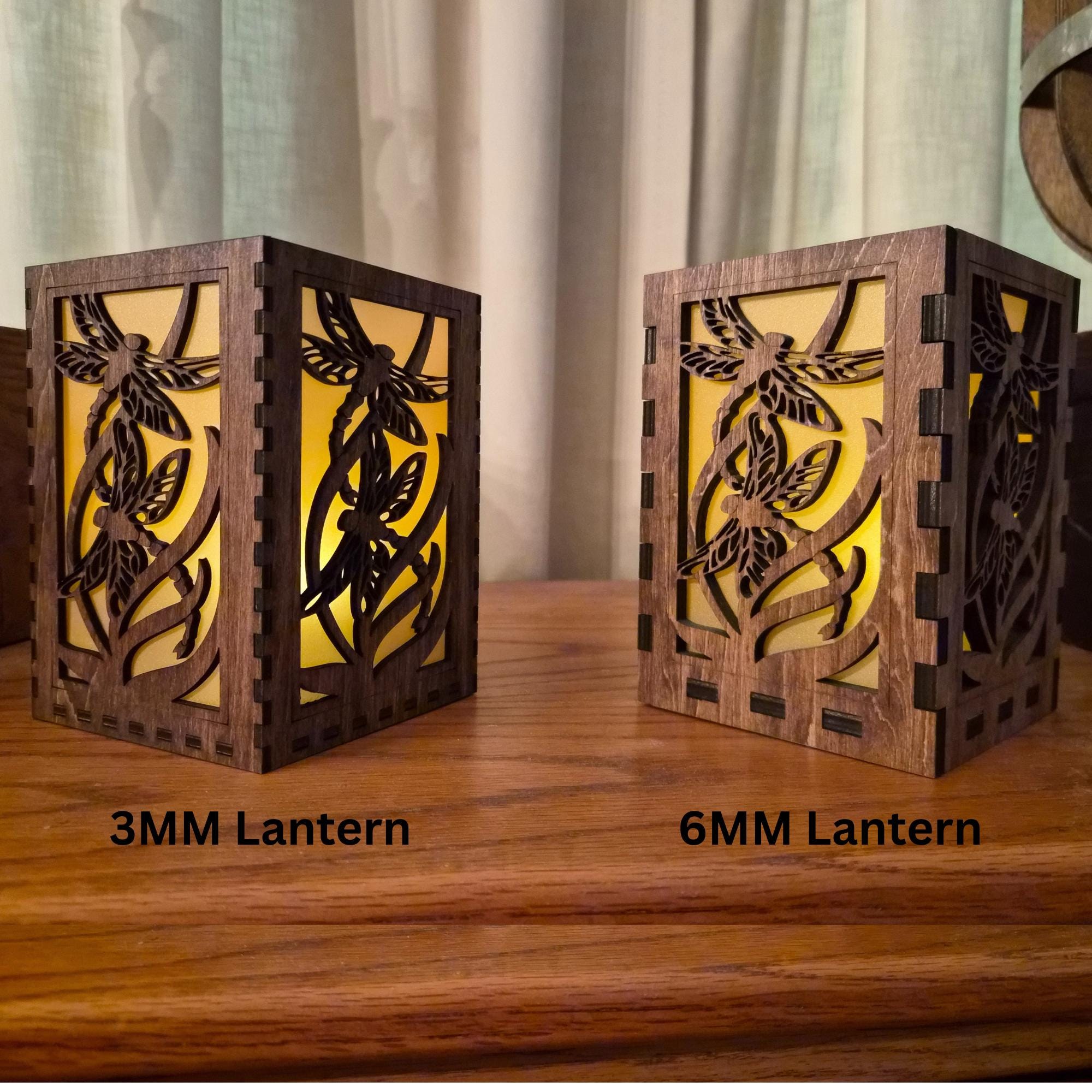 Dragonfly Tea Light Lantern: Engraved Chestnut Stained Basswood