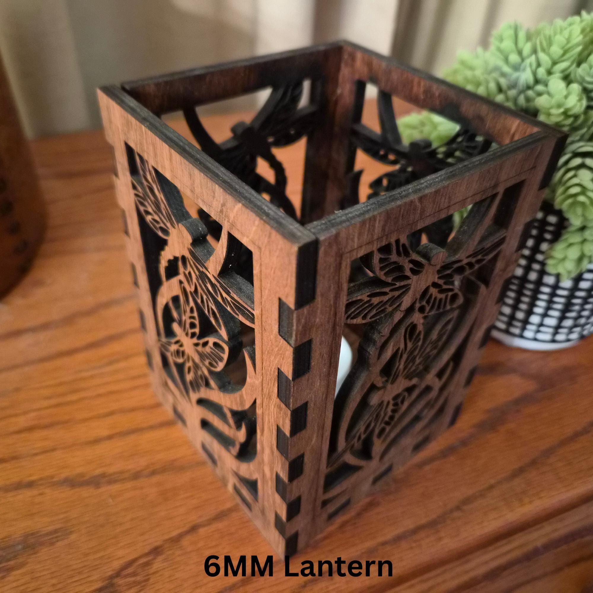 Dragonfly Tea Light Lantern: Engraved Chestnut Stained Basswood