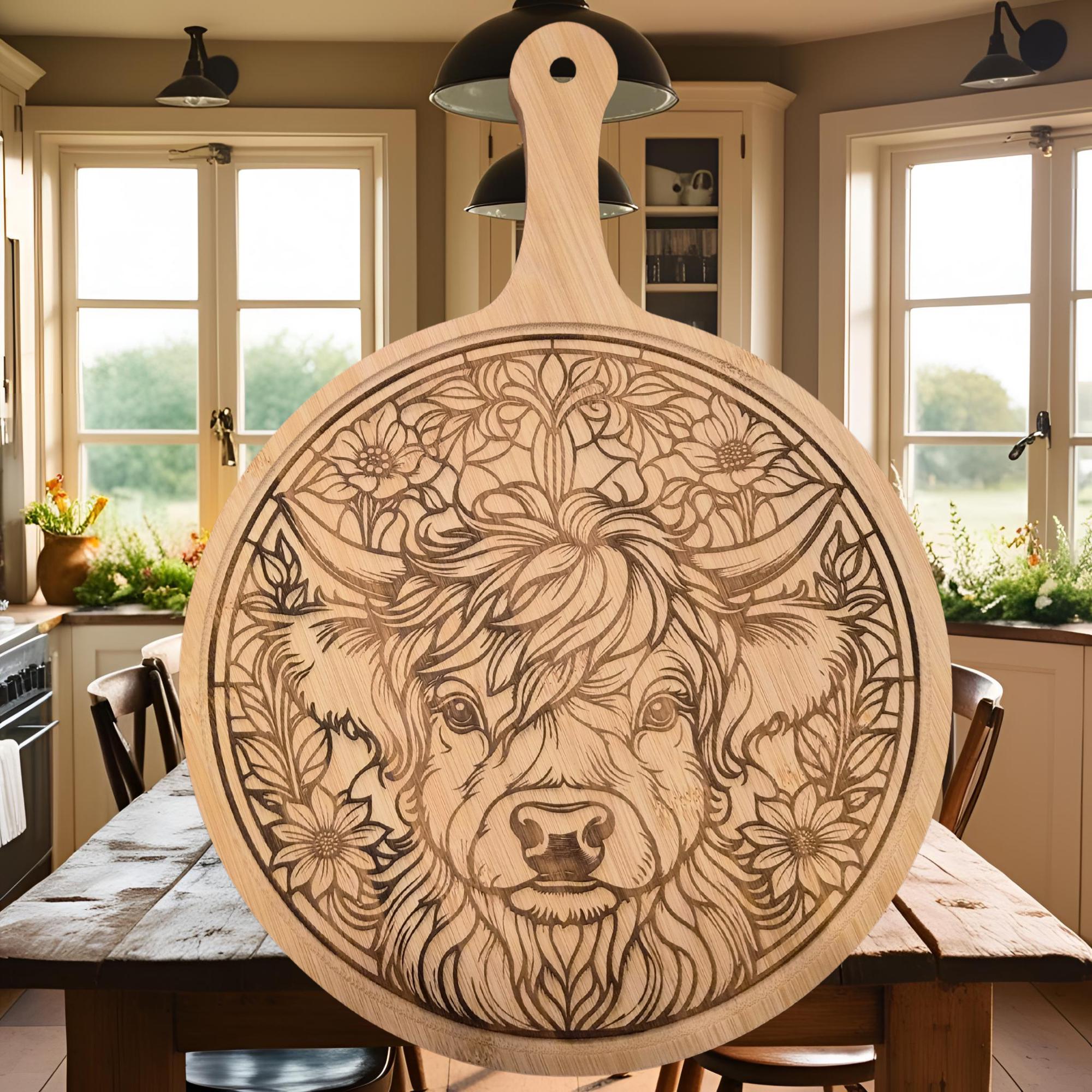 Highland Cow Bamboo Charcuterie Board: Laser Engraved Cutting Board