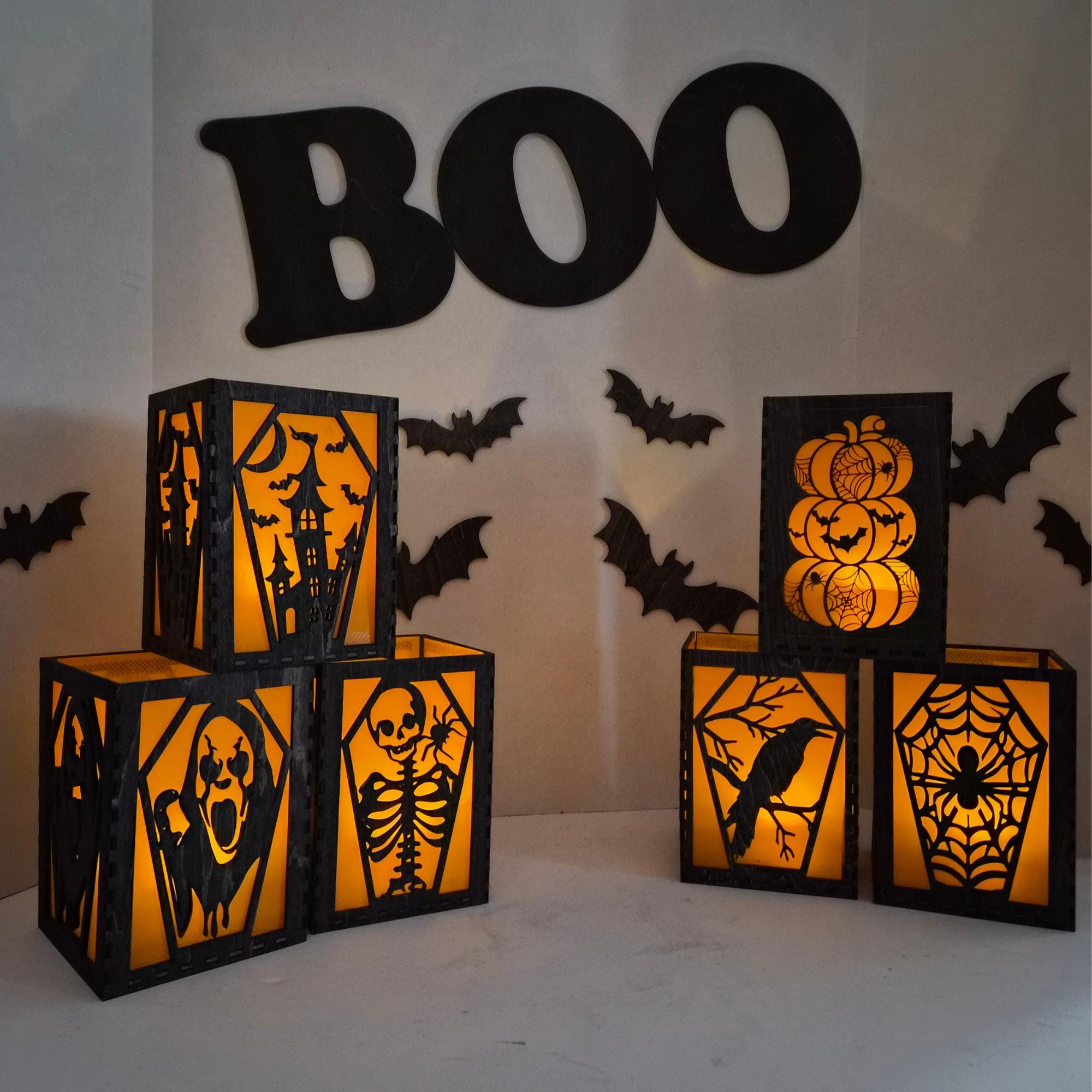 Haunted House Halloween Decorations: Laser Cut Basswood Tea Light - Grim Reaper, Raven, Skeleton, Spider