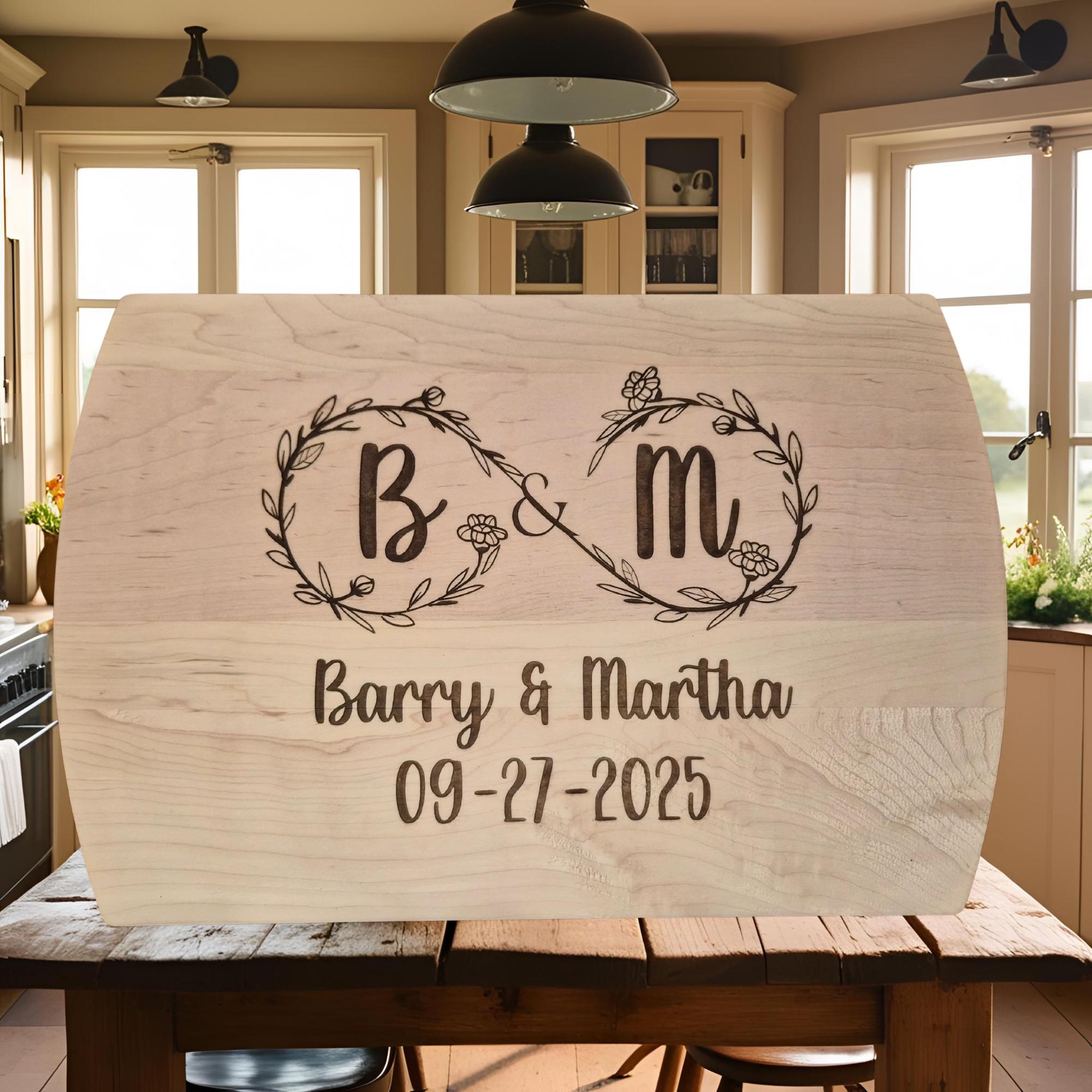 Personalized Cutting Board with Infinity Monogram. Custom Engagement or Wedding Gift for Couples.  Anniversary Keepsake Gift.