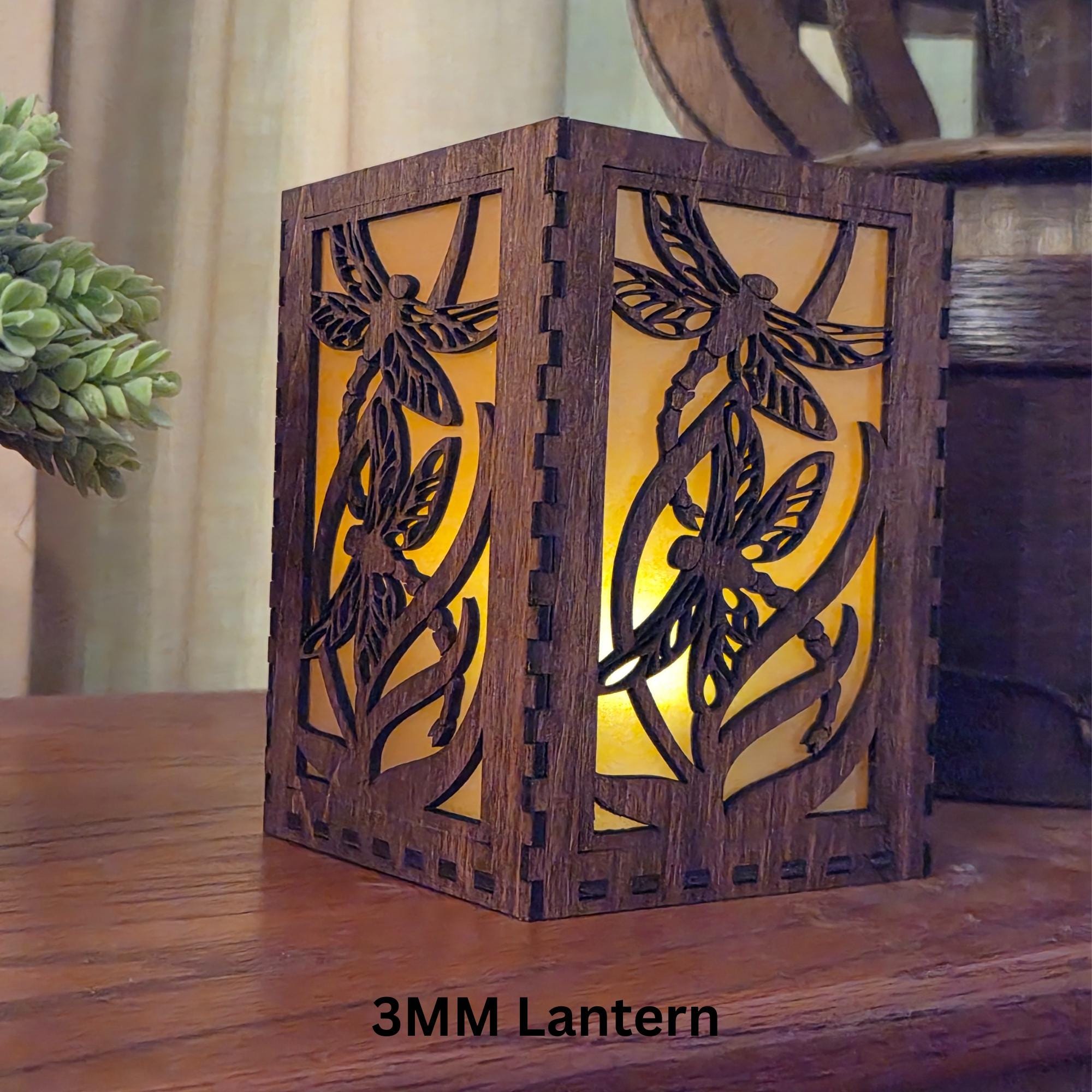 Dragonfly Tea Light Lantern: Engraved Chestnut Stained Basswood