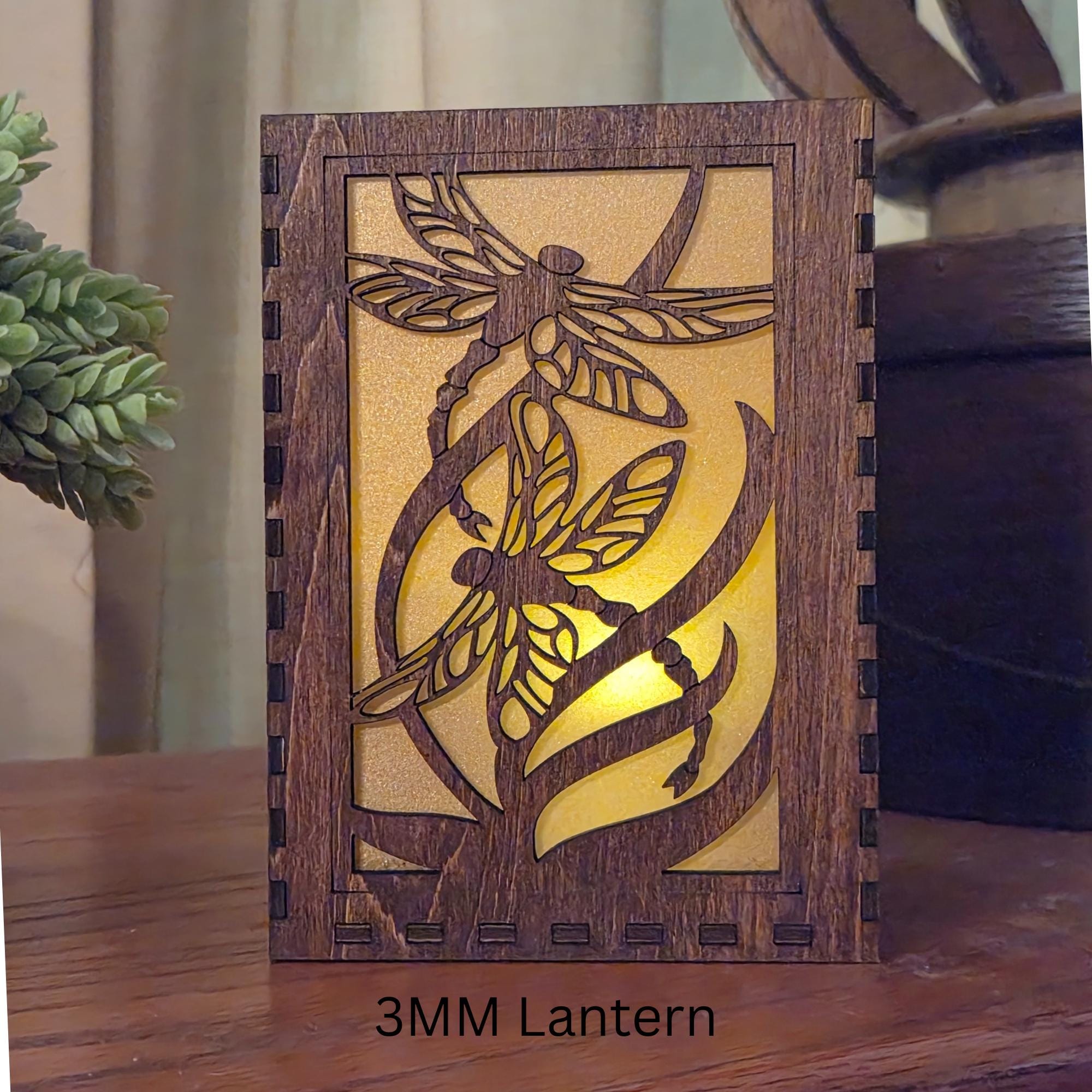Dragonfly Tea Light Lantern: Engraved Chestnut Stained Basswood