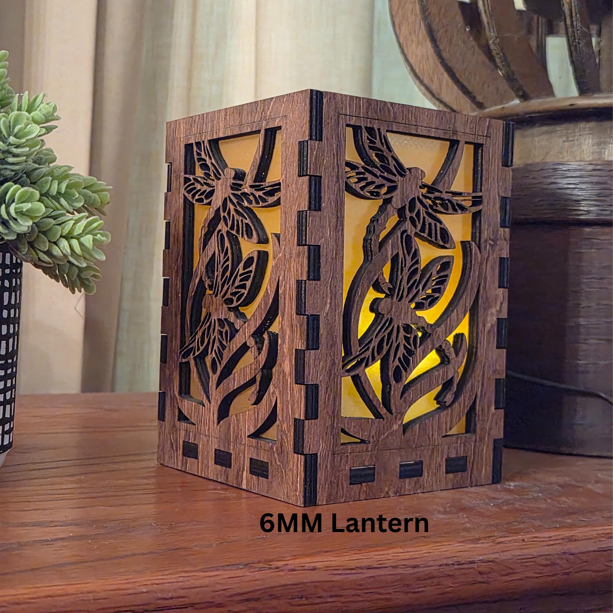 Dragonfly Tea Light Lantern: Engraved Chestnut Stained Basswood