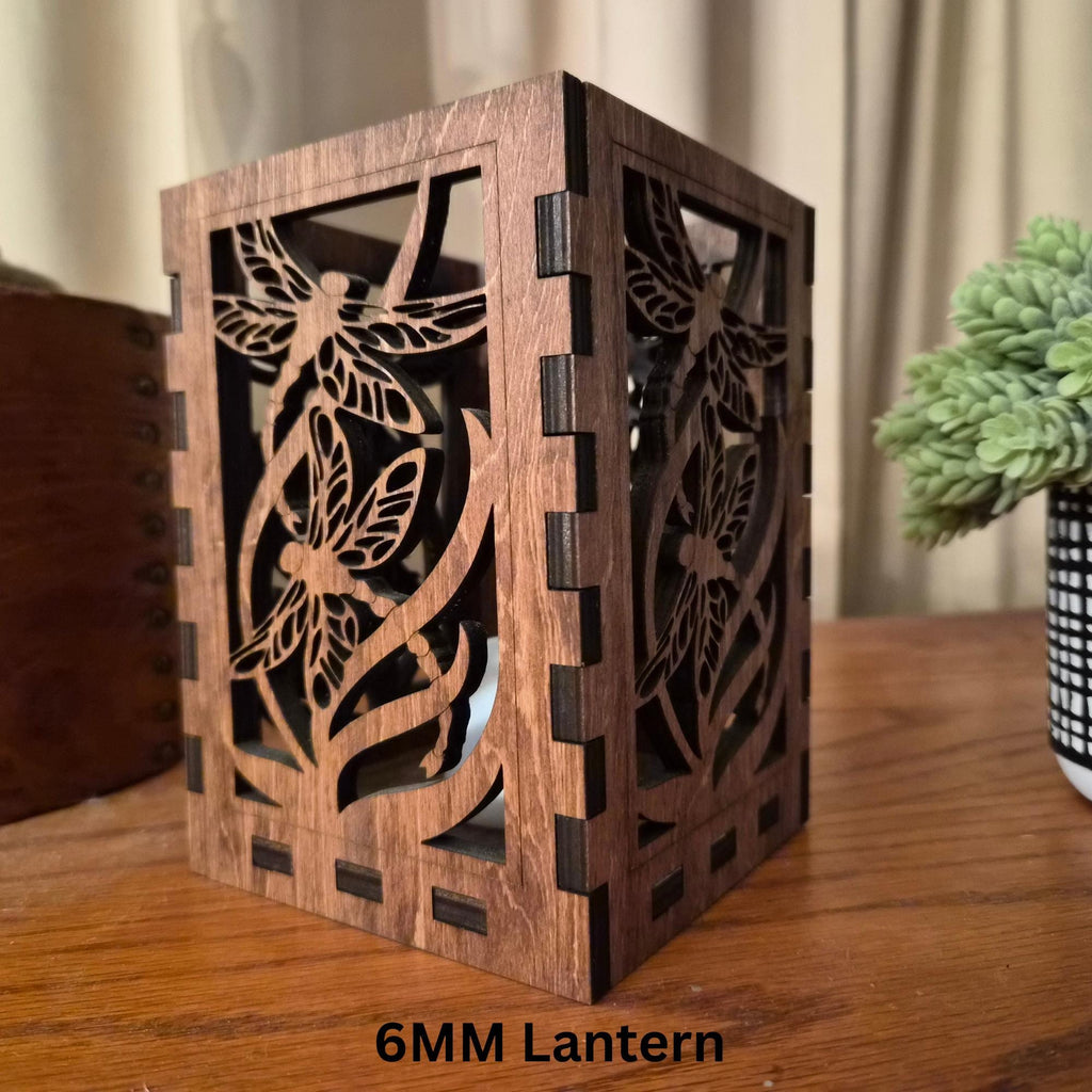 Dragonfly Tea Light Lantern: Engraved Chestnut Stained Basswood