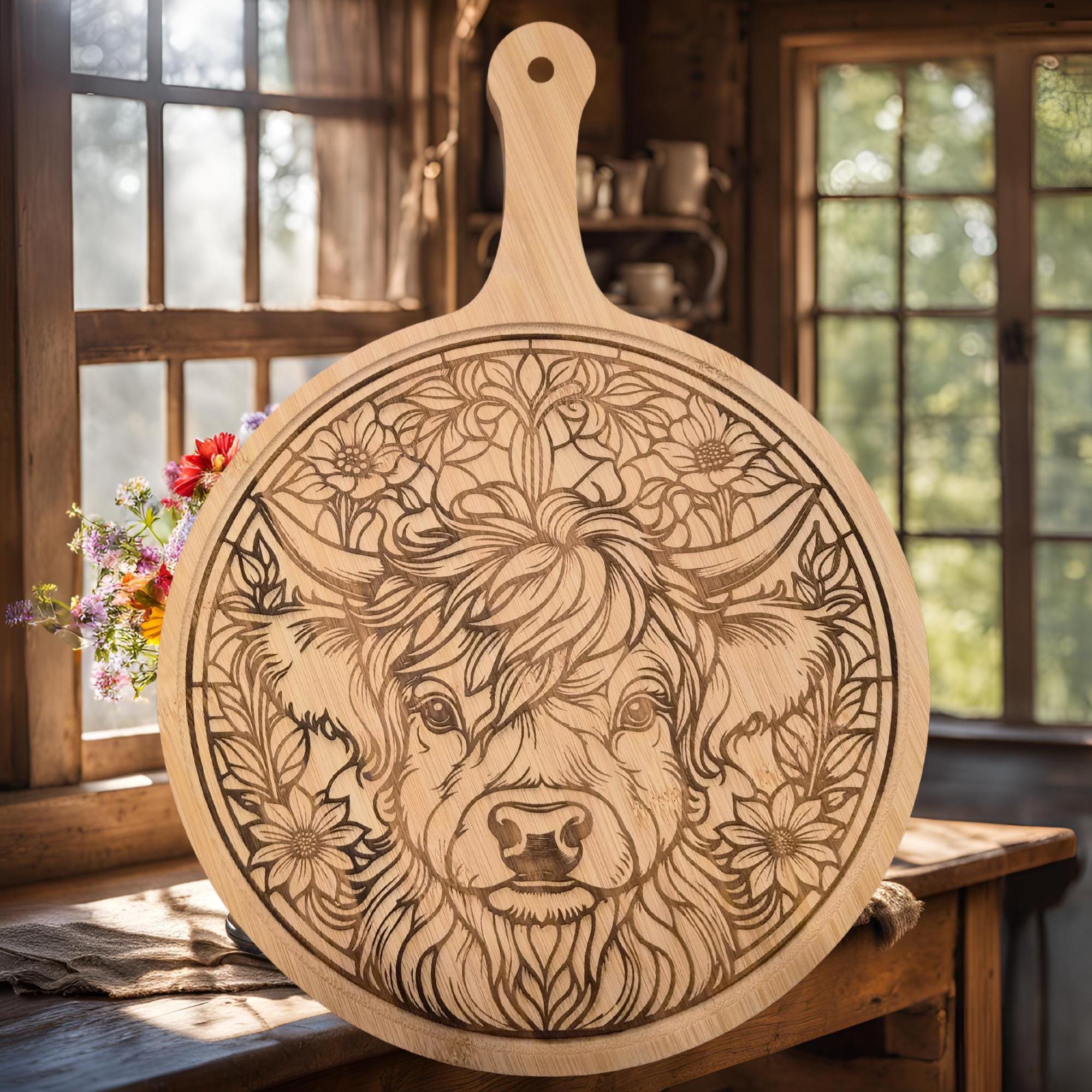 Highland Cow Bamboo Charcuterie Board: Laser Engraved Cutting Board