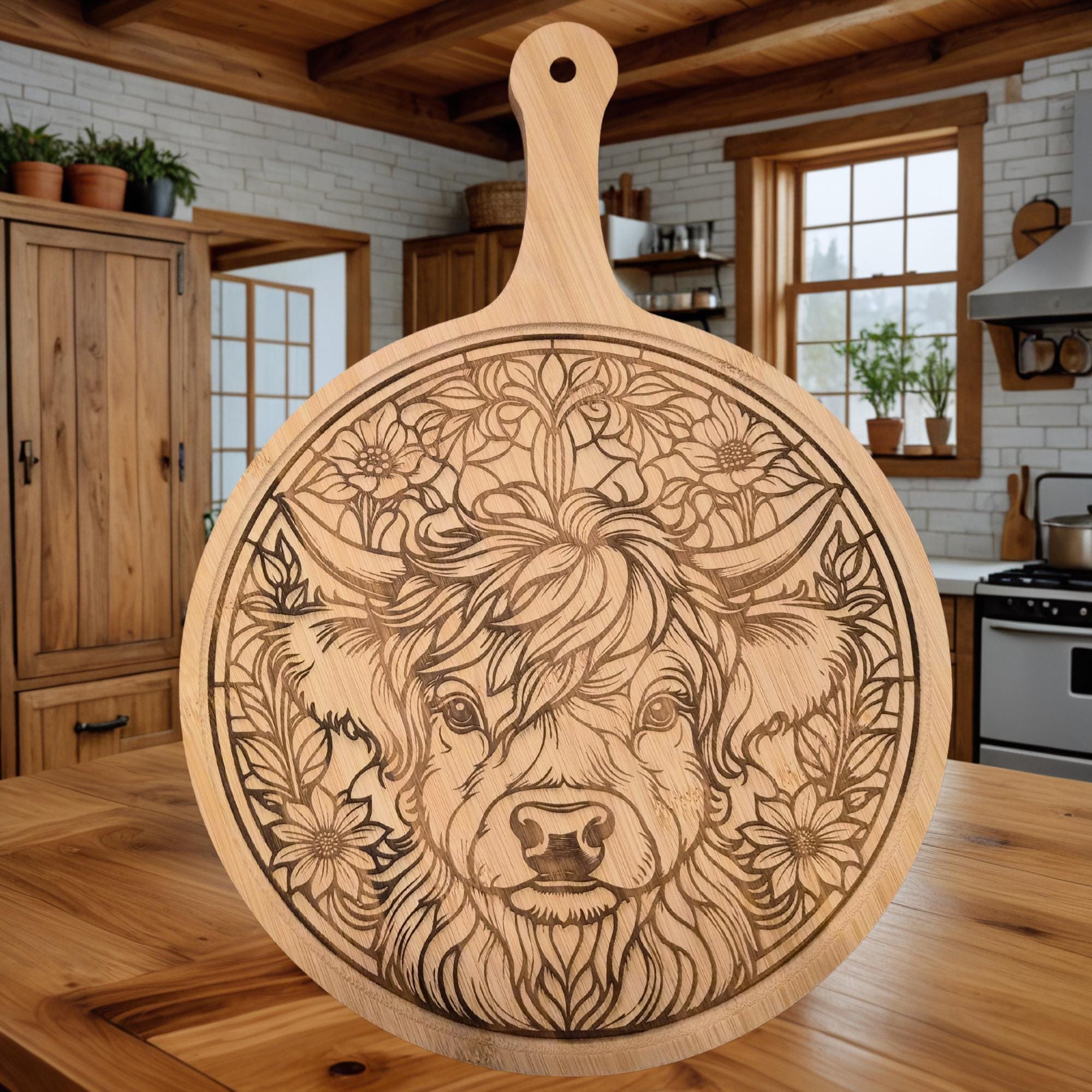 Highland Cow Bamboo Charcuterie Board: Laser Engraved Cutting Board