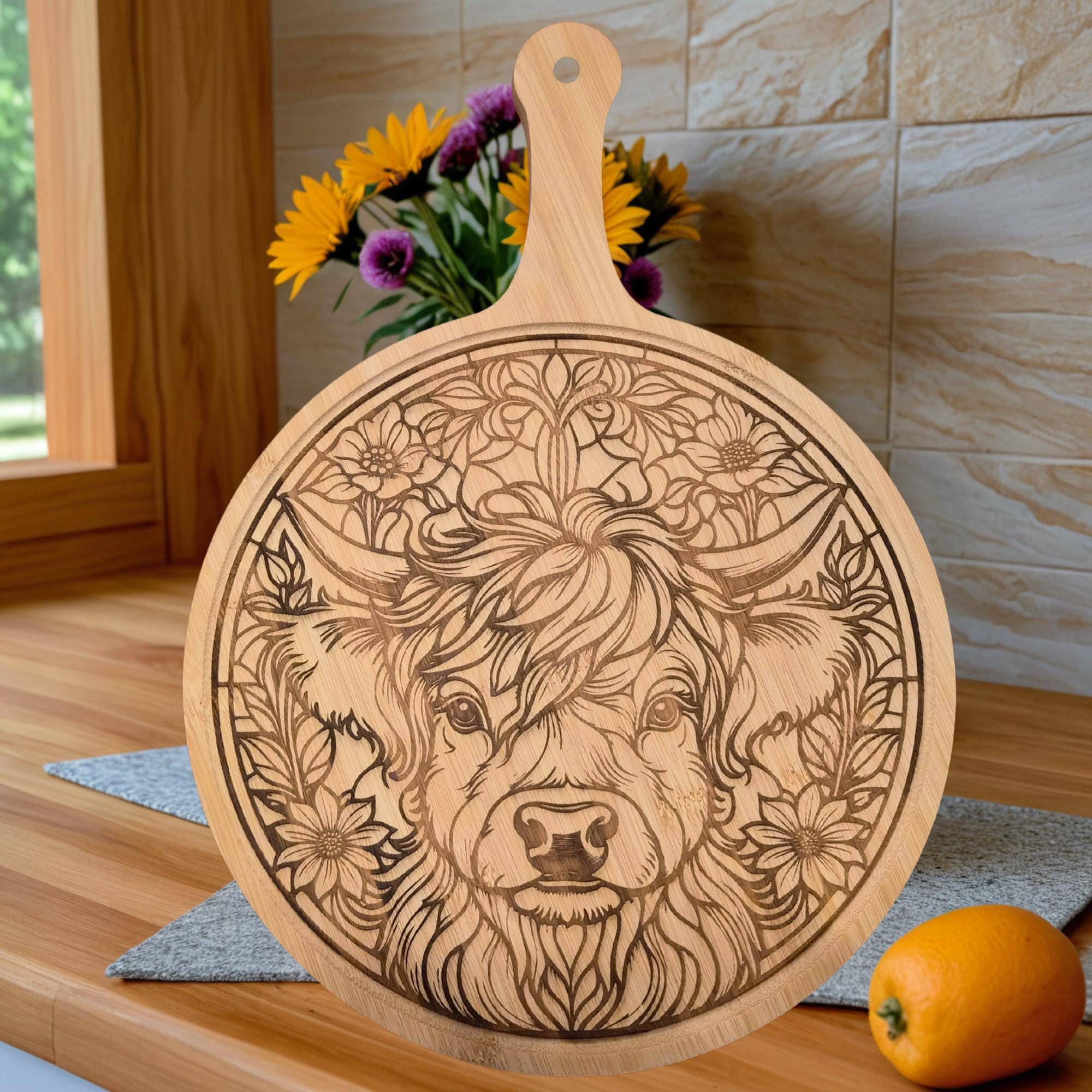 Highland Cow Bamboo Charcuterie Board: Laser Engraved Cutting Board
