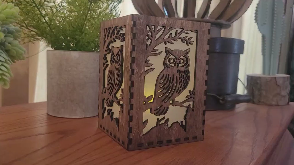 Owl Tea Light Lantern: Personalized Laser Cut Wood Lantern. Unique Housewarming & Birthday Gift