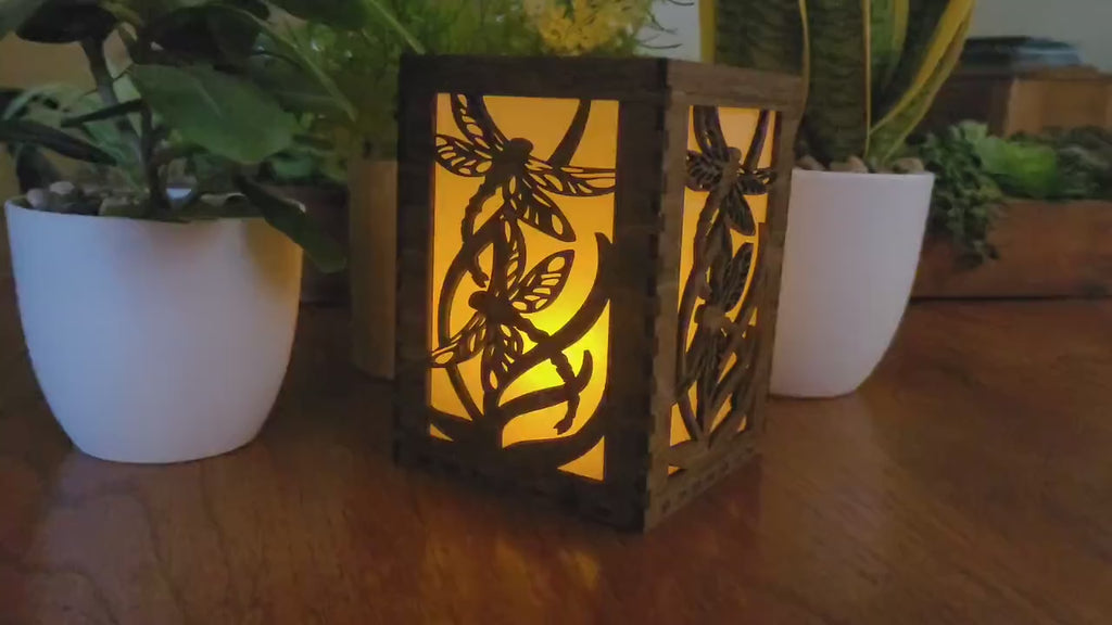 Dragonfly Tea Light Lantern: Chestnut Basswood Wedding Centerpiece