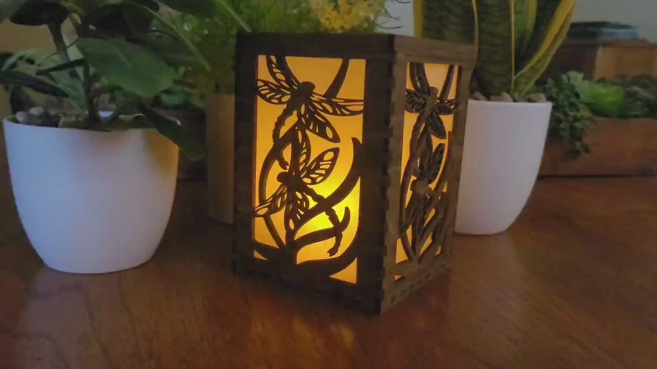 Dragonfly Tea Light Lantern: Chestnut Basswood Wedding Centerpiece