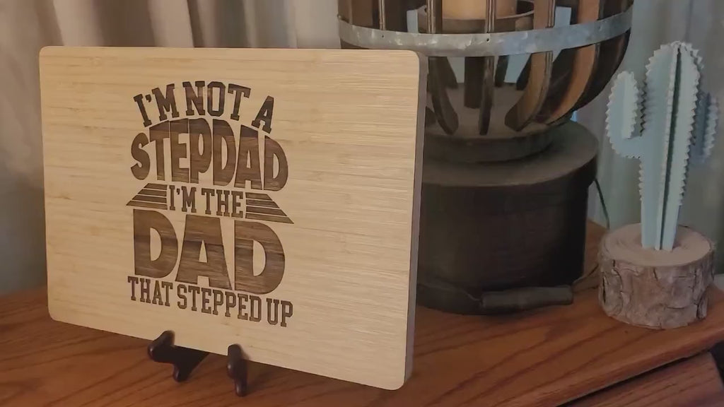 Personalized Bamboo Cutting Board: Gift for Stepdad with Display Stand