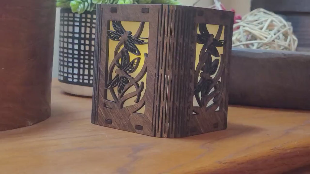 Dragonfly Tea Light Lantern: Laser Cut corners. Wooden Candle Holder. Unique Housewarming & Birthday Gift