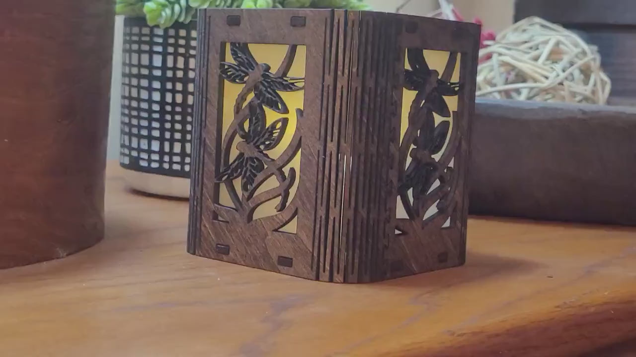 Dragonfly Tea Light Lantern: Laser Cut corners. Wooden Candle Holder. Unique Housewarming & Birthday Gift