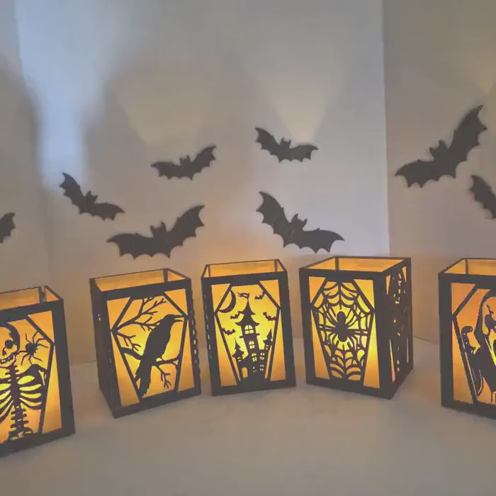 Haunted House Halloween Decorations: Laser Cut Basswood Tea Light - Grim Reaper, Raven, Skeleton, Spider