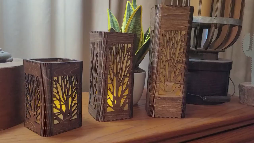 Personalized Tea Light Lantern Set: Engraved Wooden Candle Holders