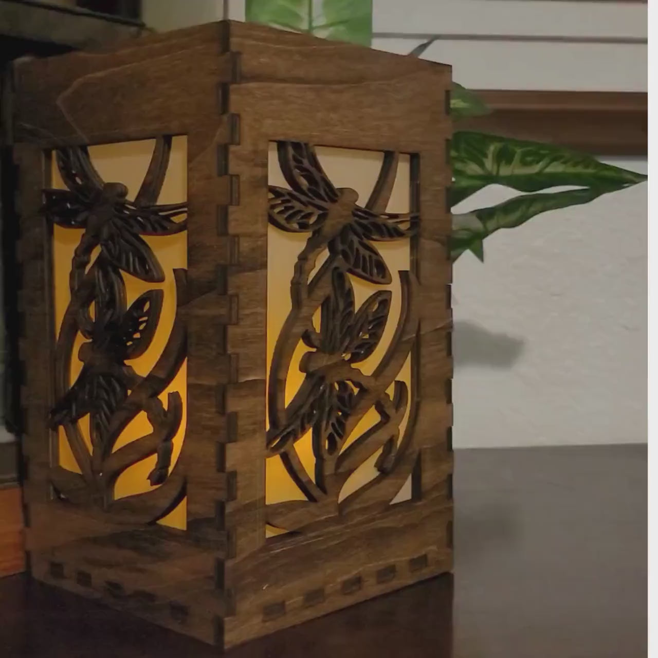 Dragonfly Tea Light Lantern: Basswood Candle Holder, Black or Chestnut Finish